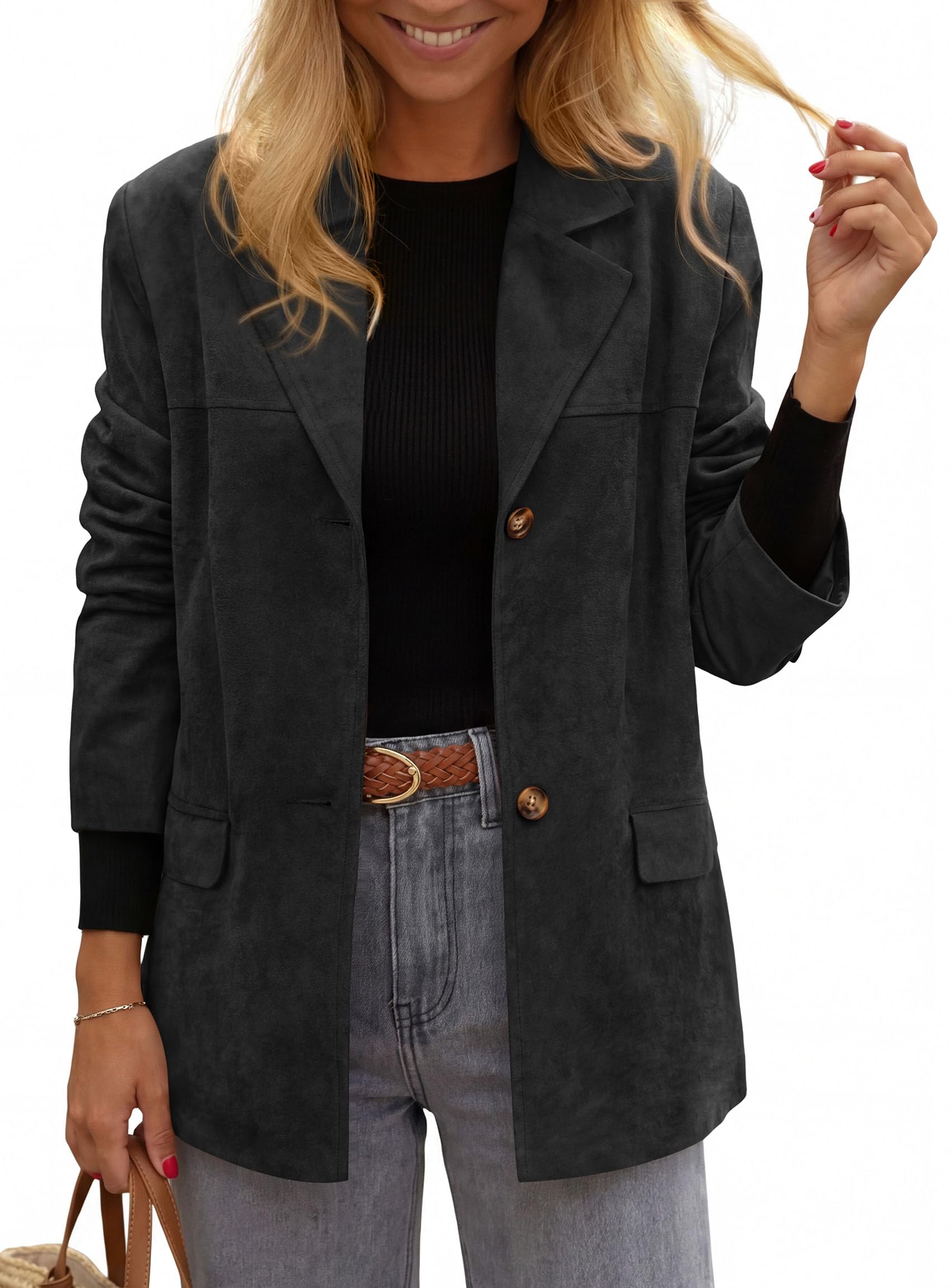 Blazers for Women Western Fall Faux Suede Jacket Black