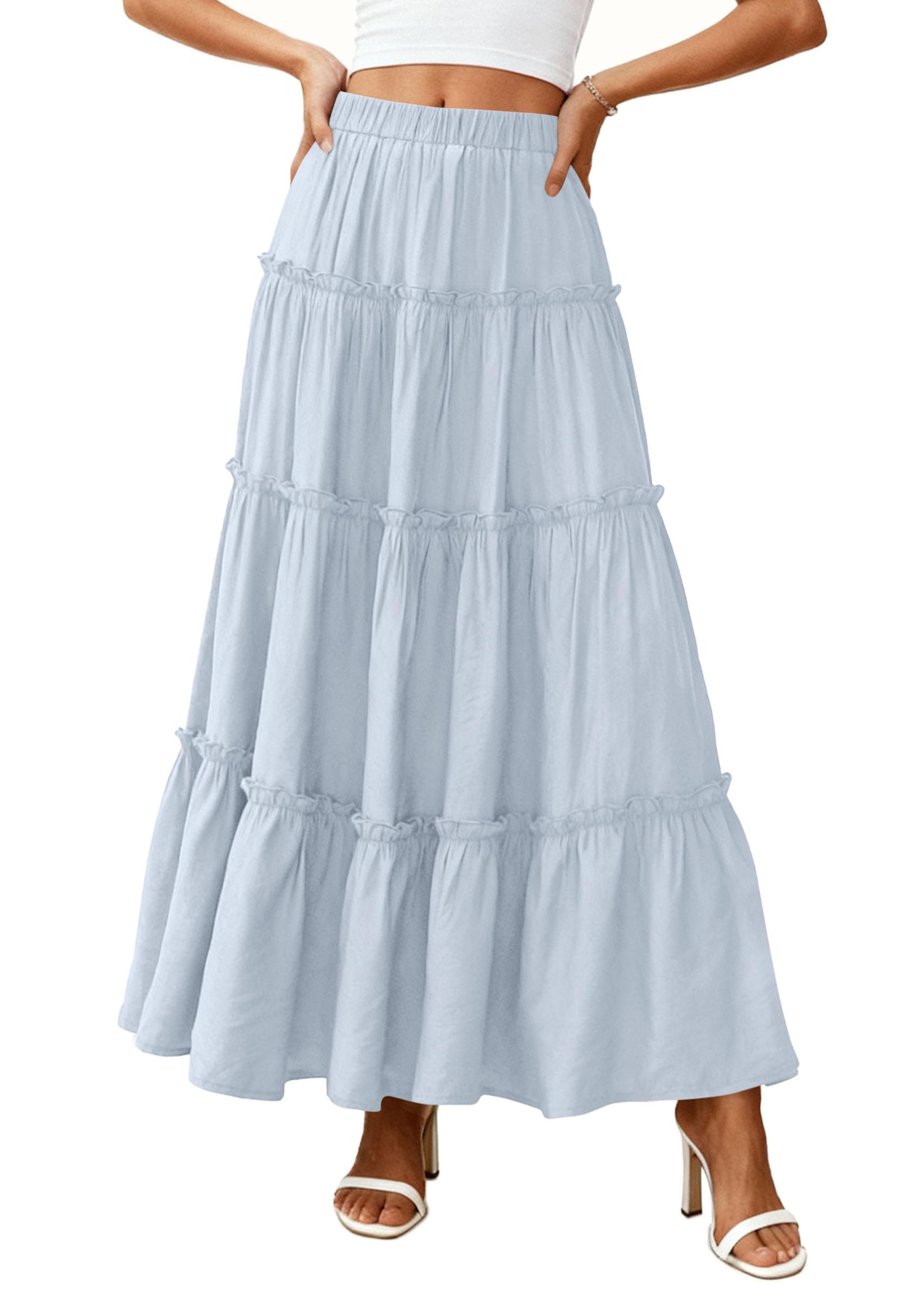 Women's Boho Tiered Ruffle Flowy Maxi Skirt, Light Blue,S