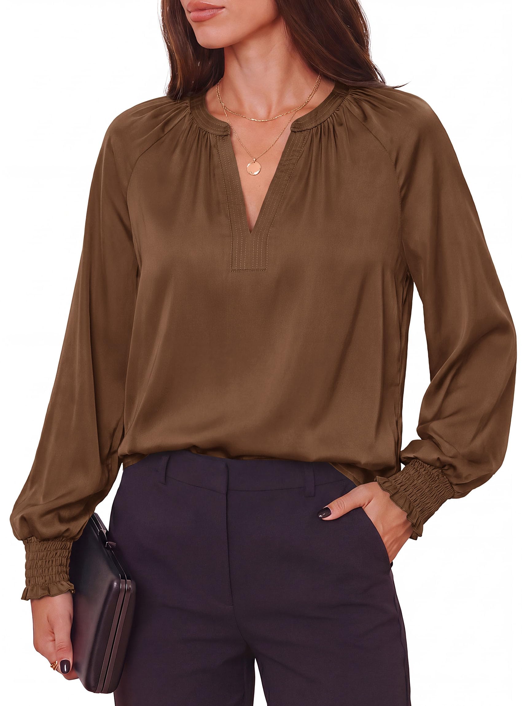 Women's Satin Blouses V Neck Long Sleeve Tops,Brown,S
