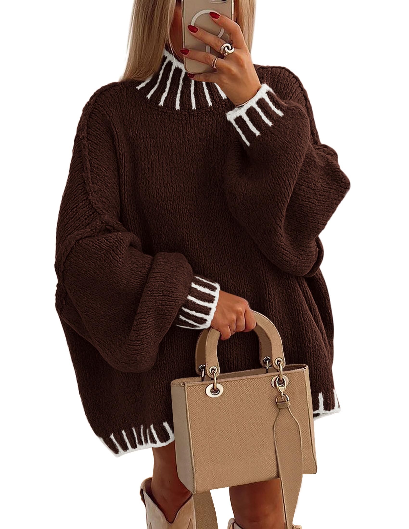 Women's Mock Neck Oversized Pullover Sweaters,Brown,XS