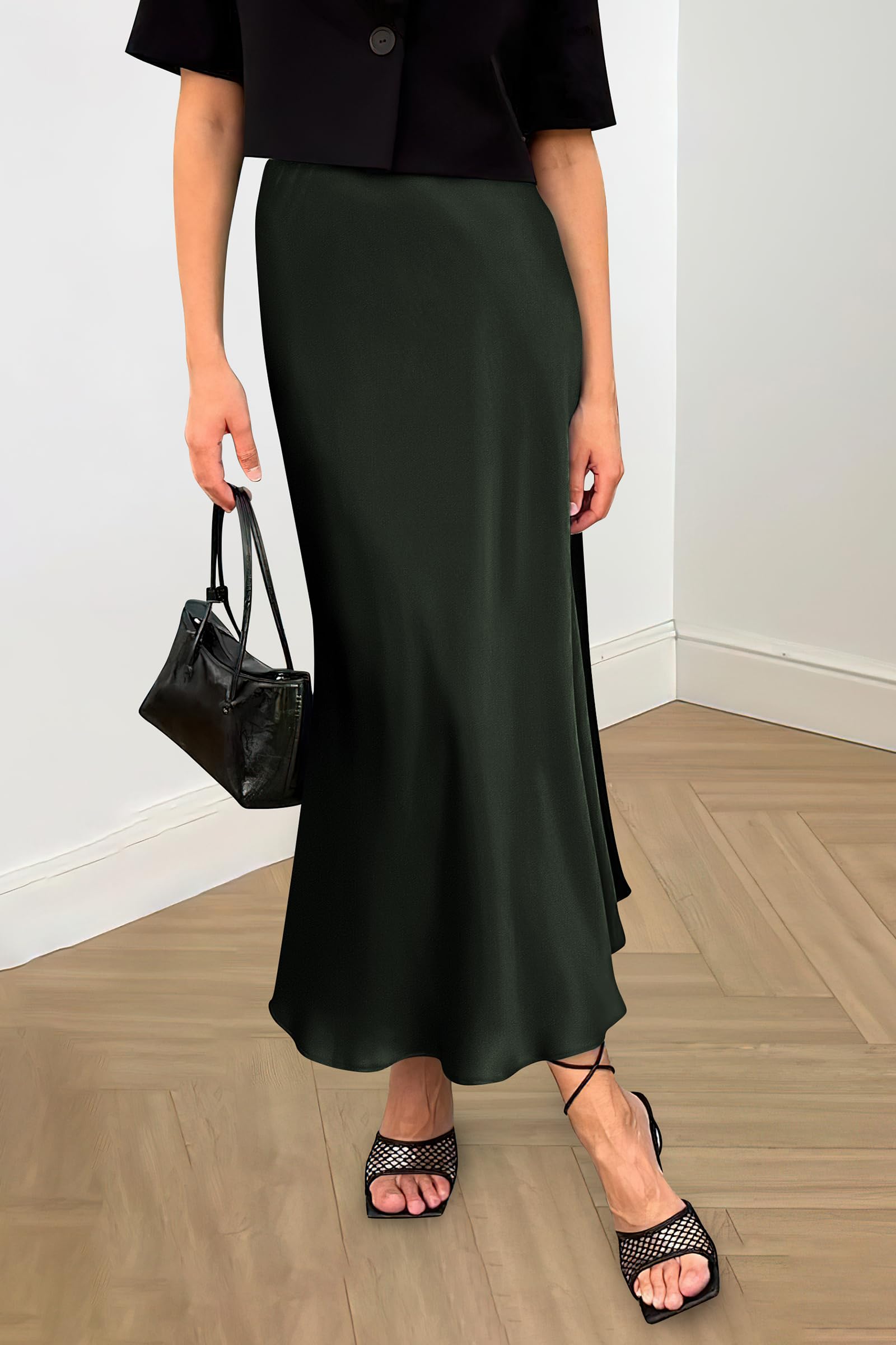 Women's Satin Midi Skirts Dressy Casual,Dark Army Green,S