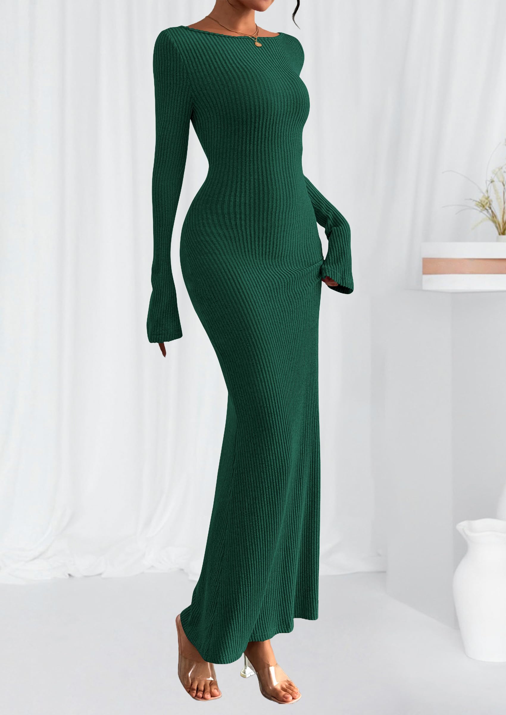 Women's Fall Long Sleeve Bodycon Maxi Dresses (Dark Green,XS)