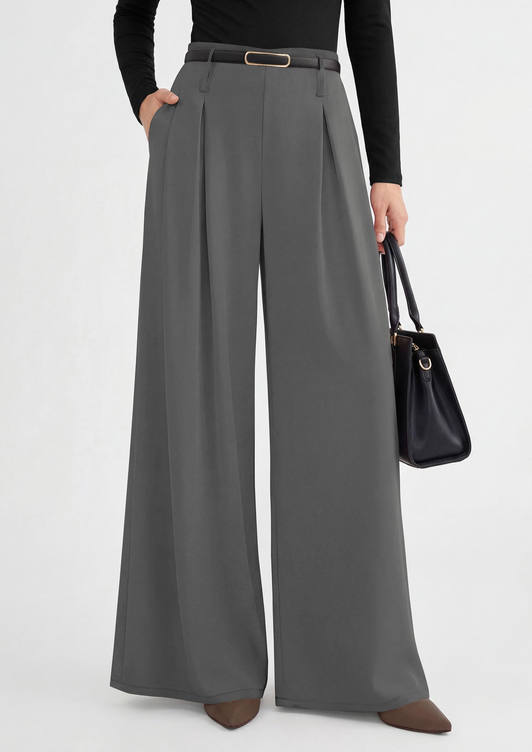 Womens Wide Leg Dress Pants Flowy Trousers,Grey,S