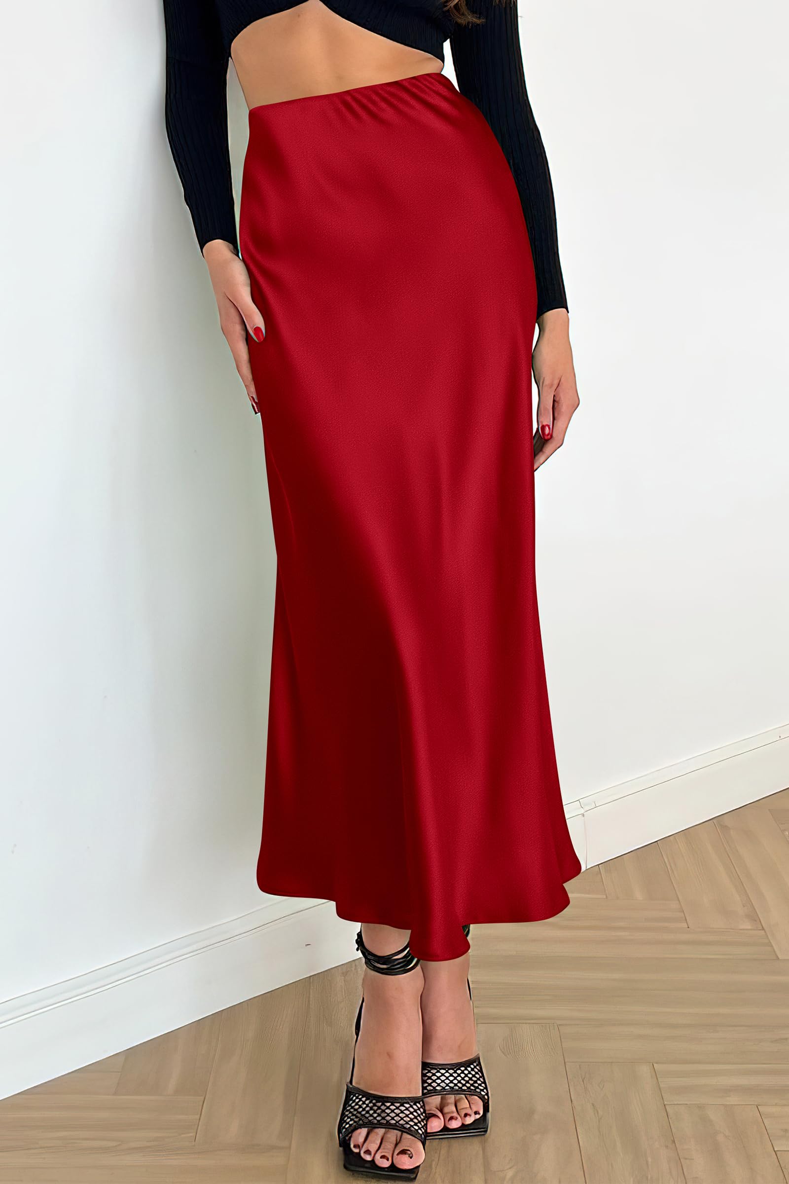 Women's Satin Midi Skirts Dressy Casual,Dark Red,S