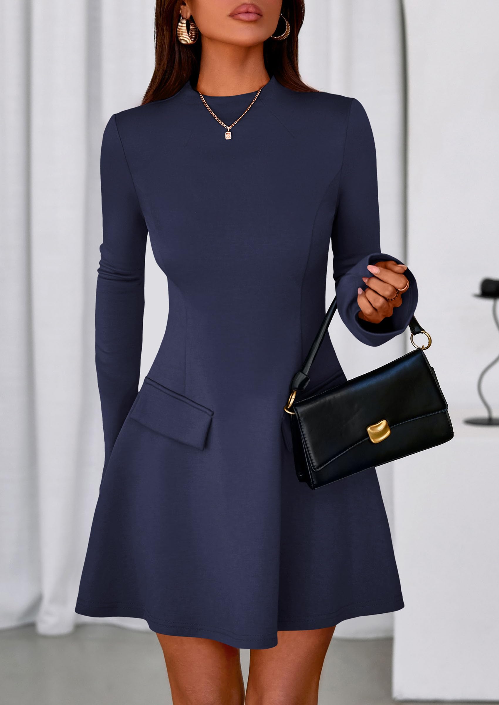 Women's Fall Bell Sleeve Short Dress,Dark Blue,XS