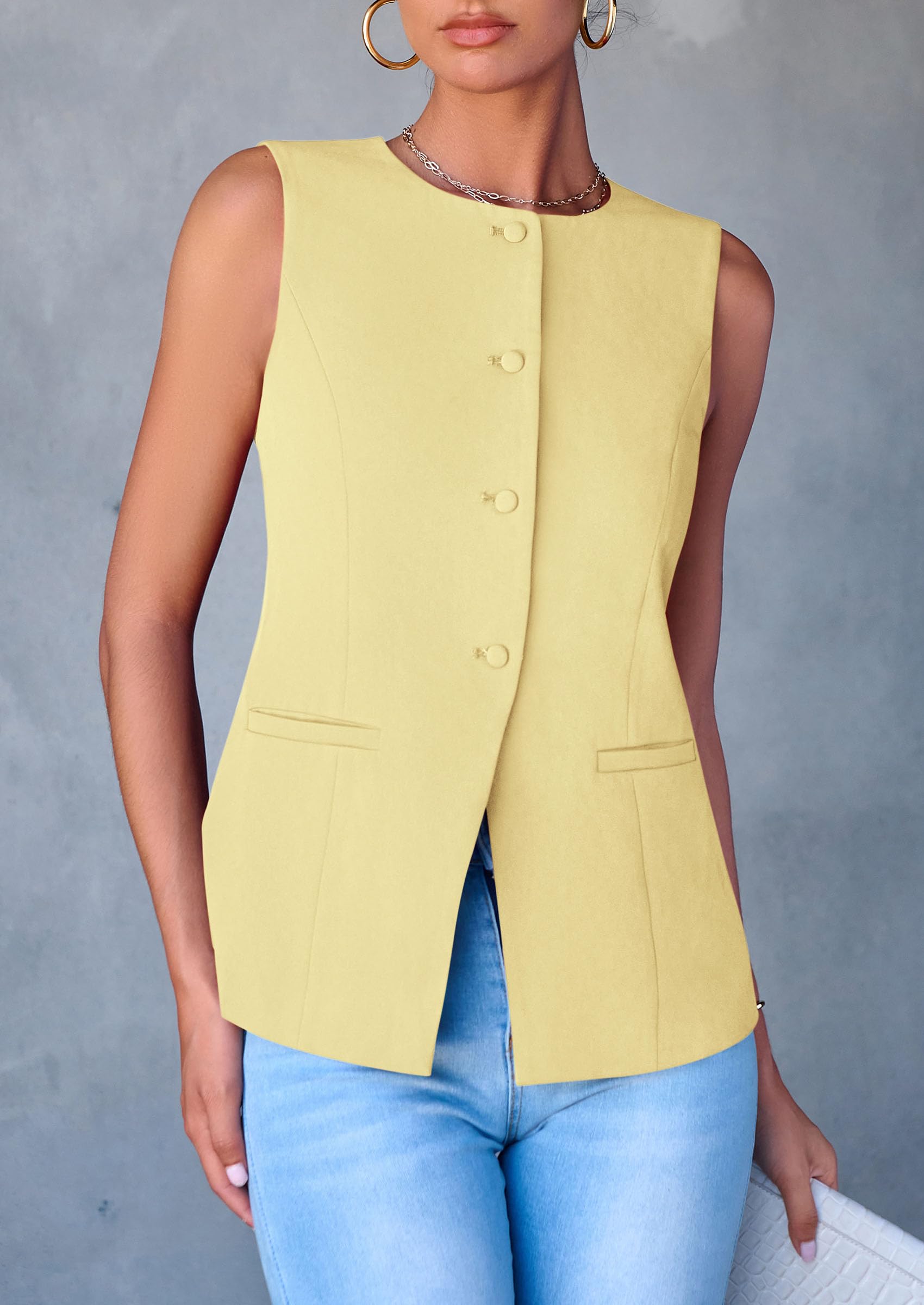 Women Tailored Suit Vest Business Casual Tops, Yellow,S