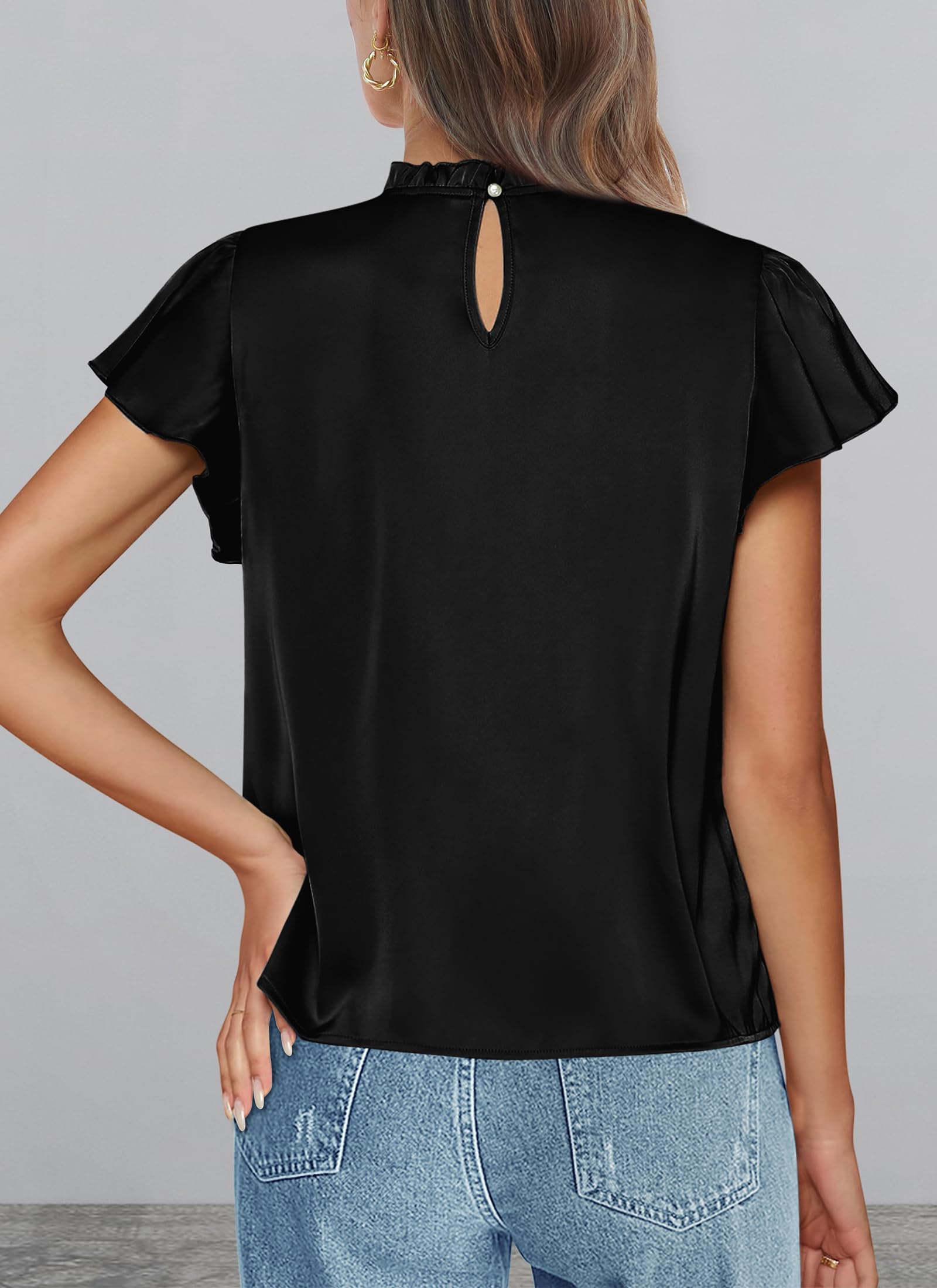 Women's Satin Tops Business Casual Work Blouses, Black,S