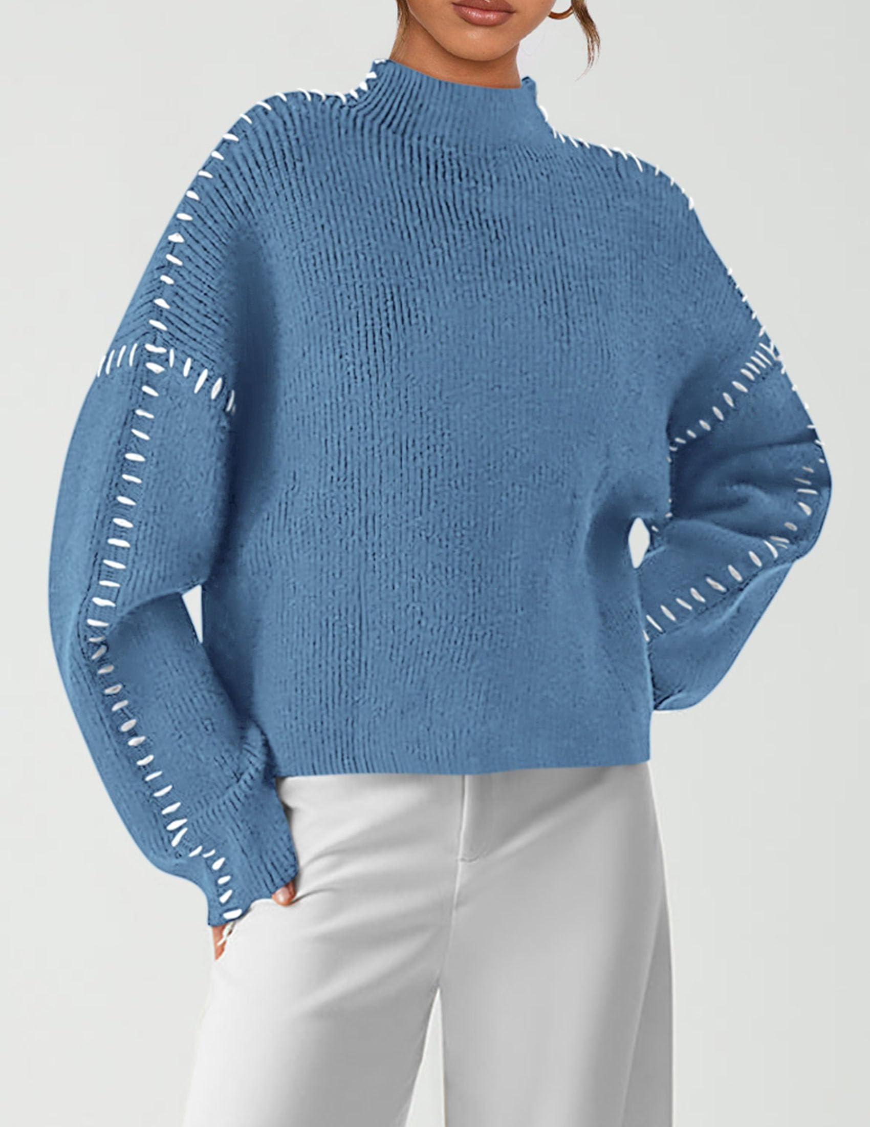 Womens Chunky Knit Oversized Pullover Sweaters,Blue,S
