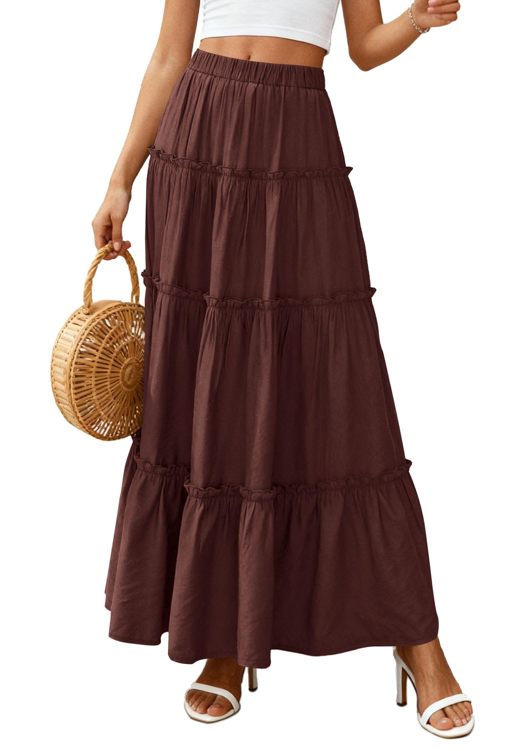 Women's Boho Tiered Ruffle Flowy Maxi Skirt, Dark Brown,S