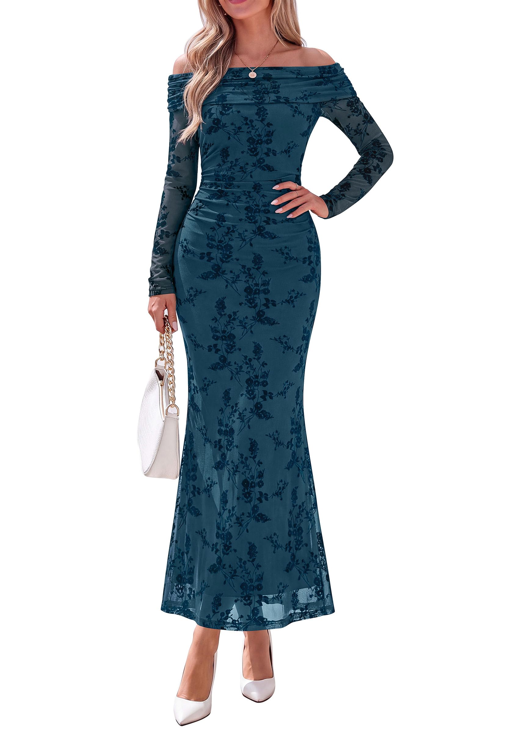 Womens Fall Off Shoulder Floral Maxi Wedding Guest Dress