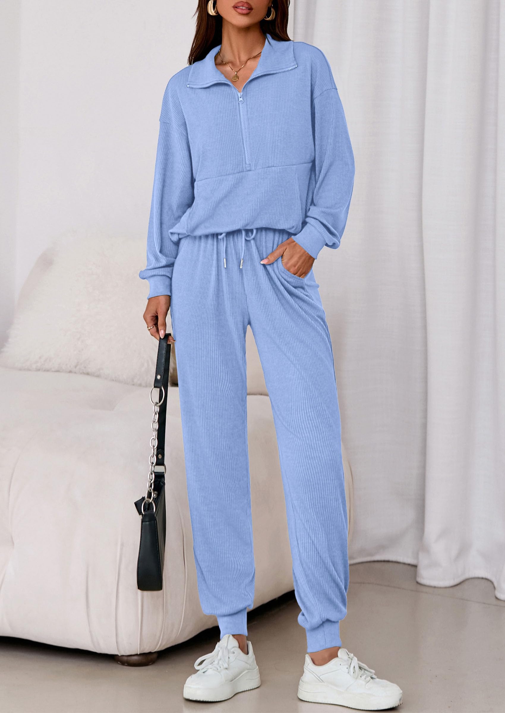 Airport Travel Outfit Women Ribbed Knit Matching Lounge Sets