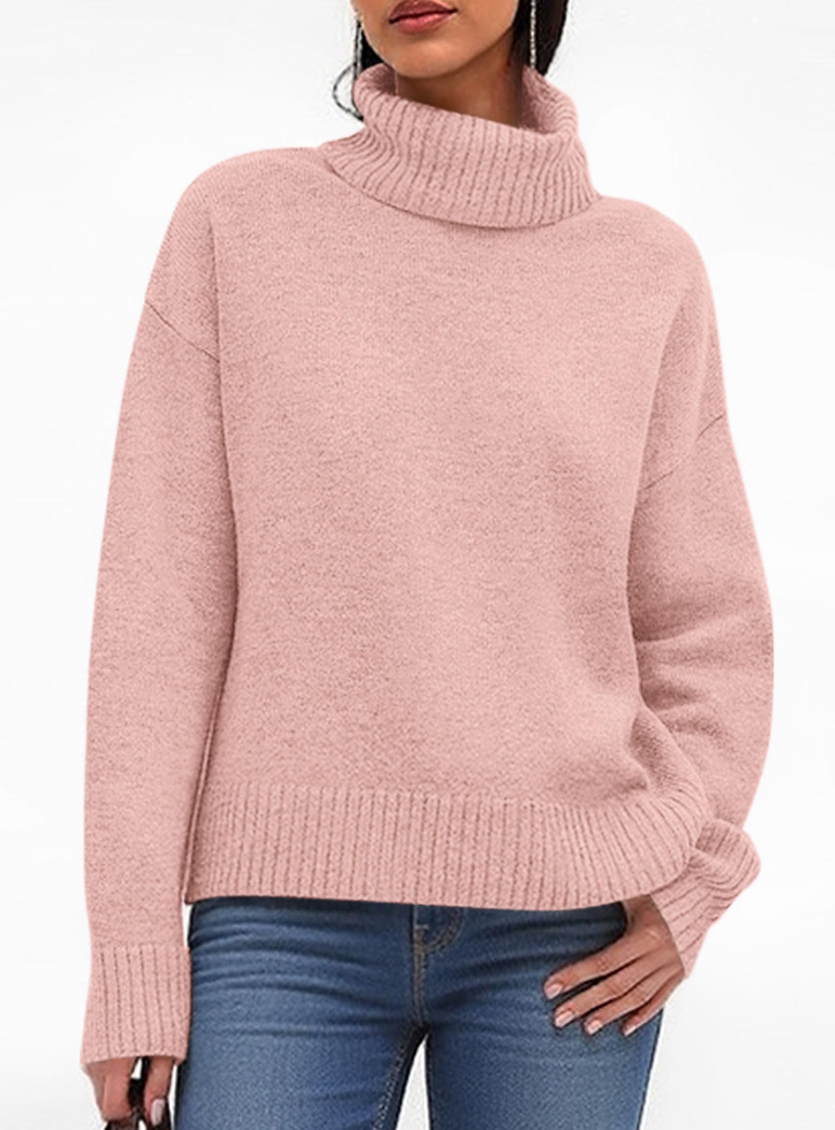Womens Turtleneck Long Sleeve Knit Sweater,Pink,S