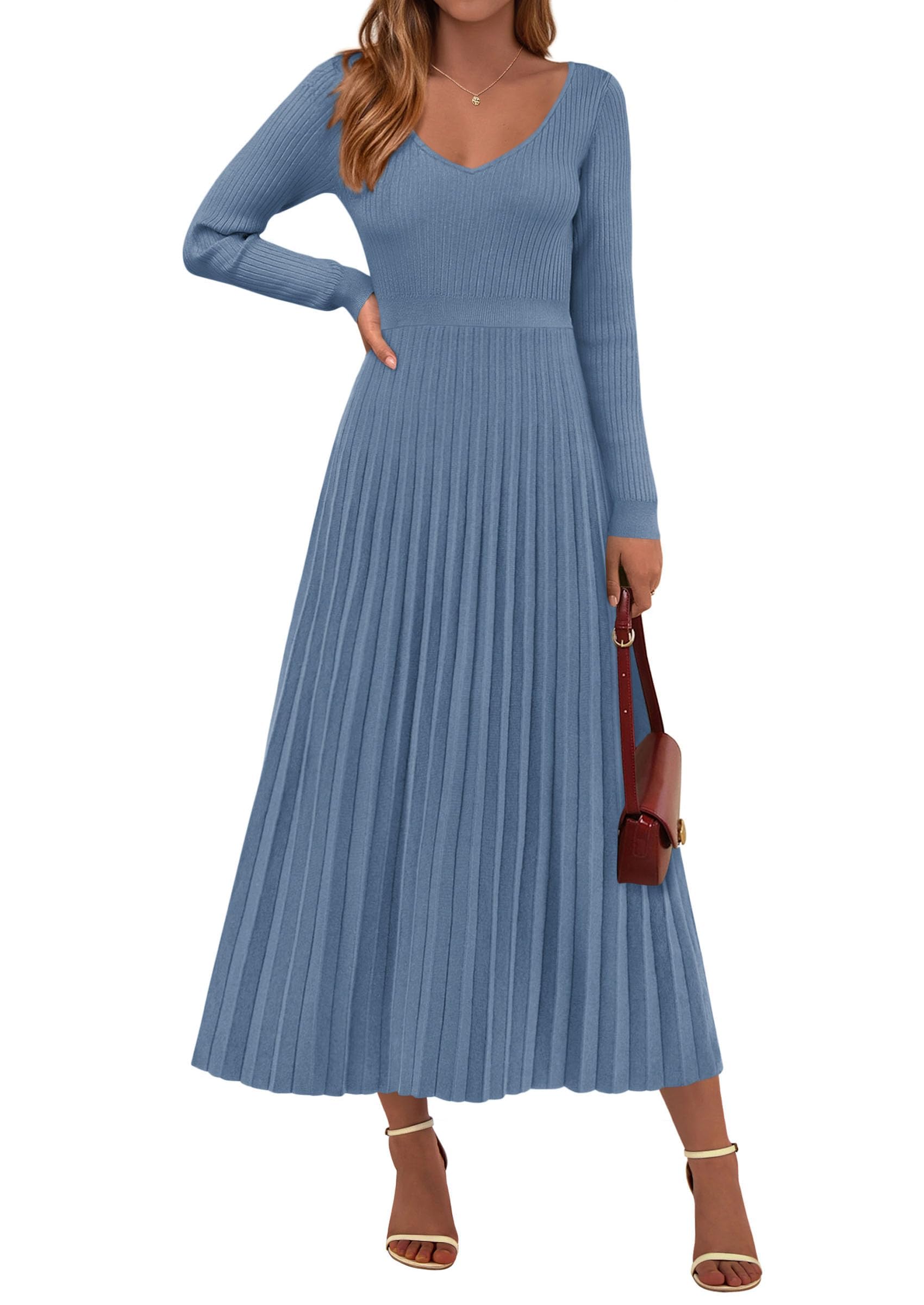 Sweater Dress Women Long Sleeve Maxi Flowy Pleated Dresses