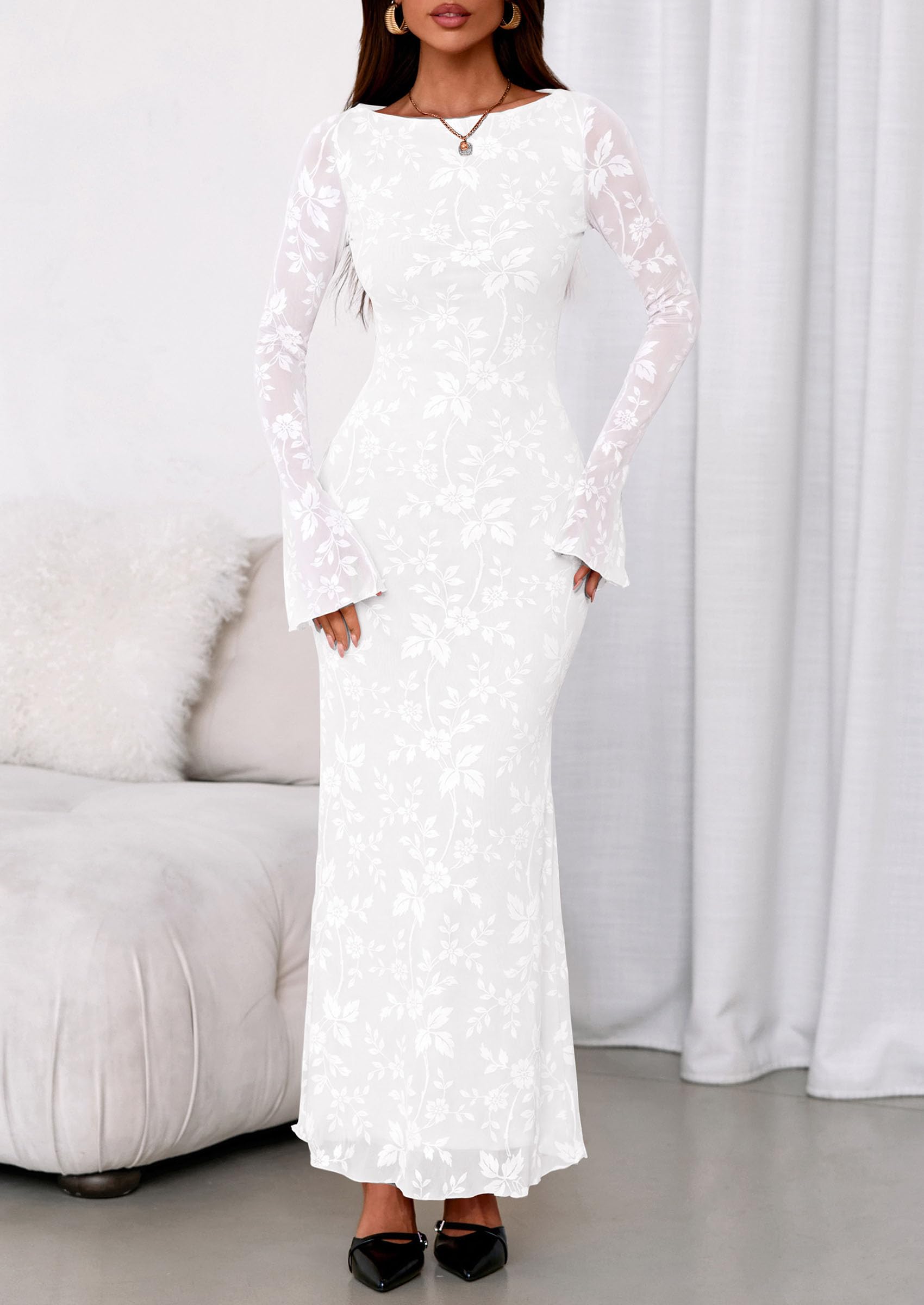 Women's Floral Bodycon Maxi Dress Wedding Guest Dresses White