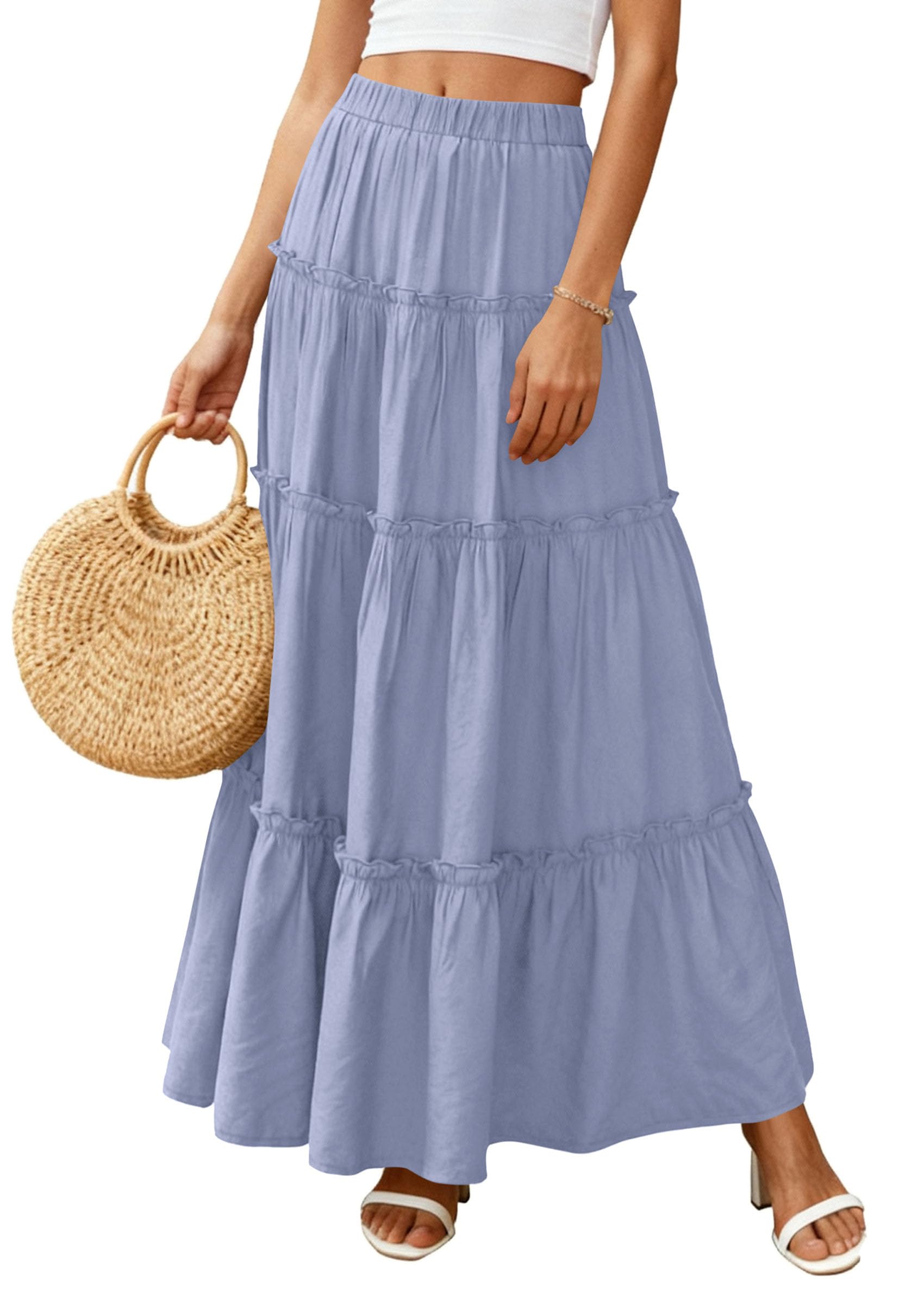 Women's Boho Tiered Ruffle Flowy Maxi Skirt, Blue,S