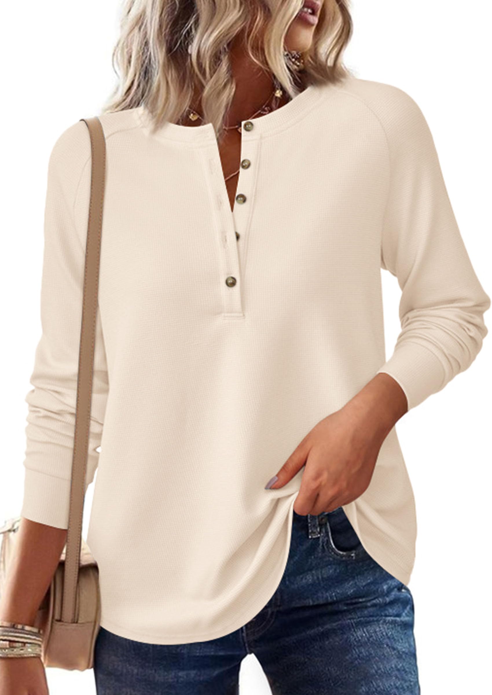 Women's Long Sleeve Waffle Knit Henley Shirts Loose Tunic Tops