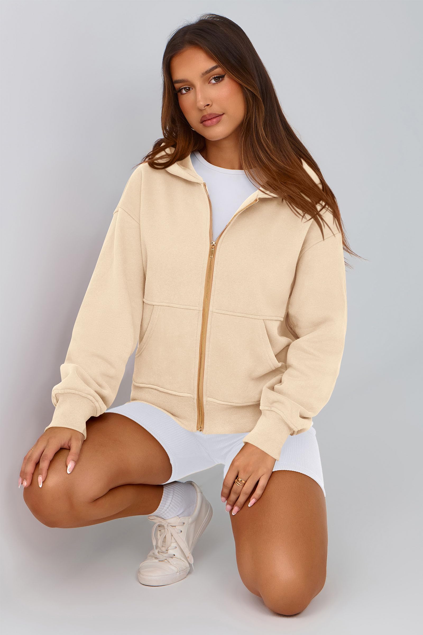 Hoodies for Women Fall Fashion Zip Up Fleece Plain Sweatshirt