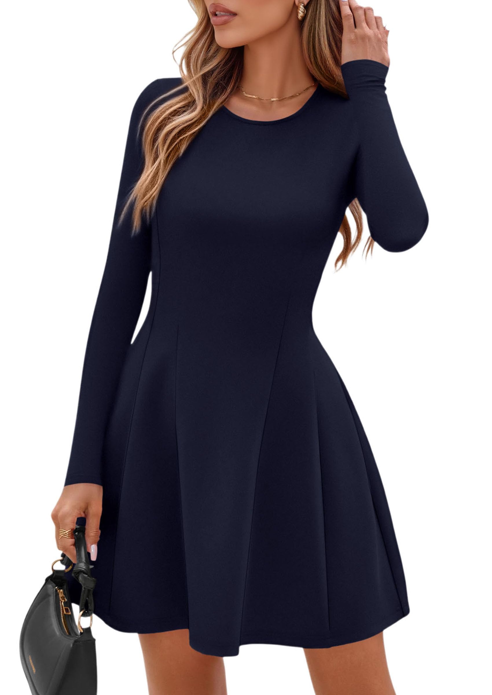 Womens Long Sleeve Pleated Mini Dress,Navy,XS