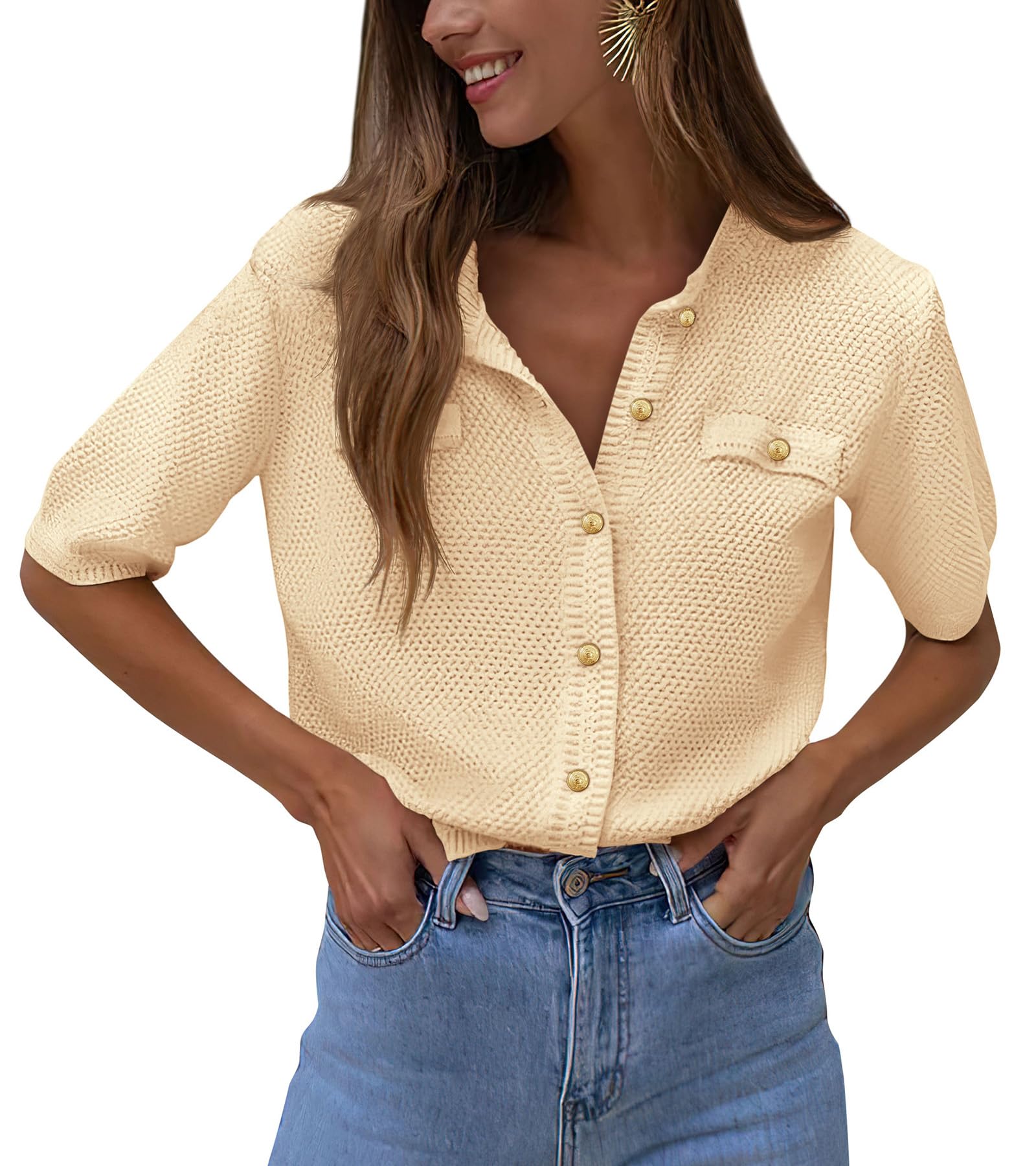 Women's Summer Casual Button Down Shirts Beige,Small