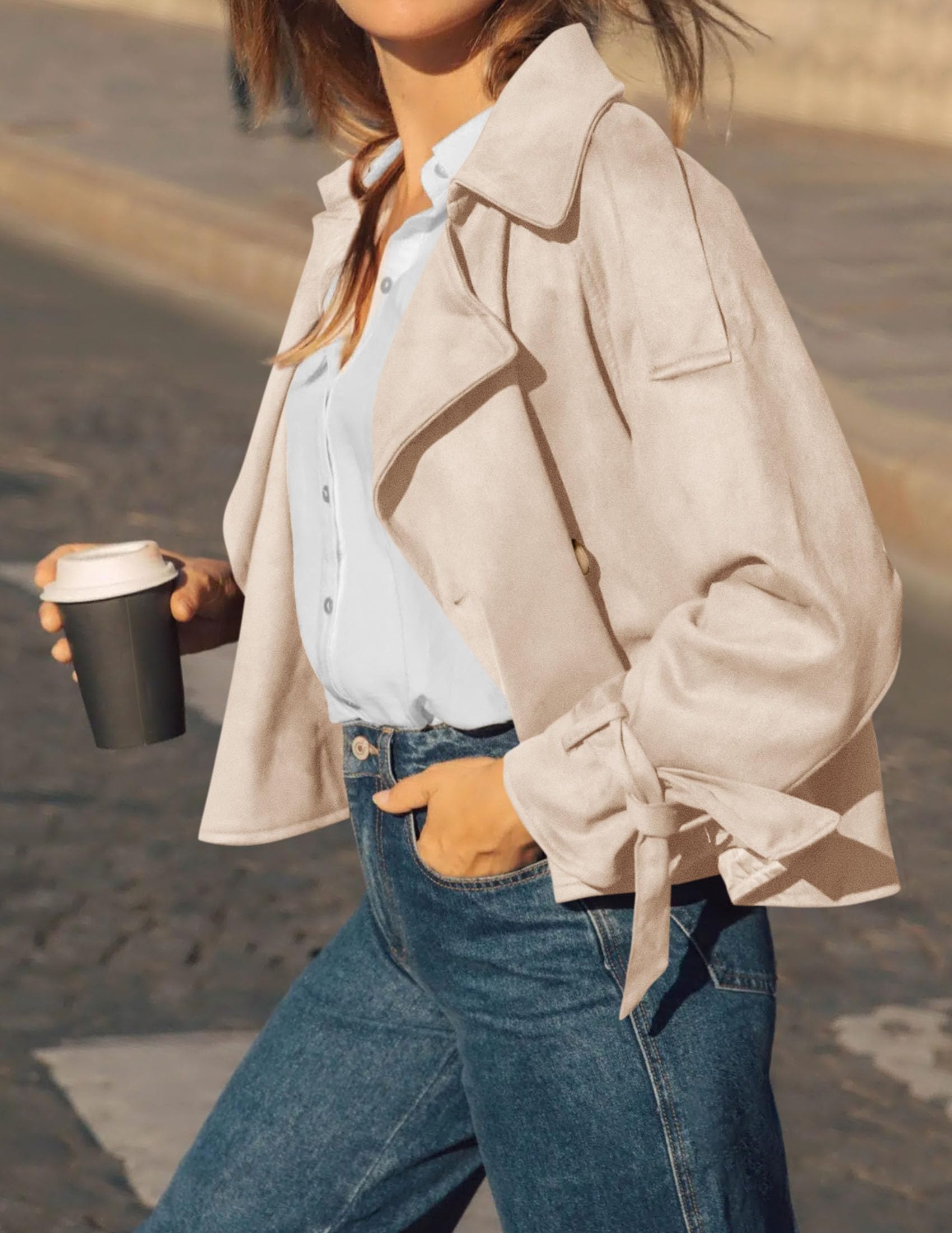 Women Faux Suede Double Breasted Trench Coat Cropped Jackets