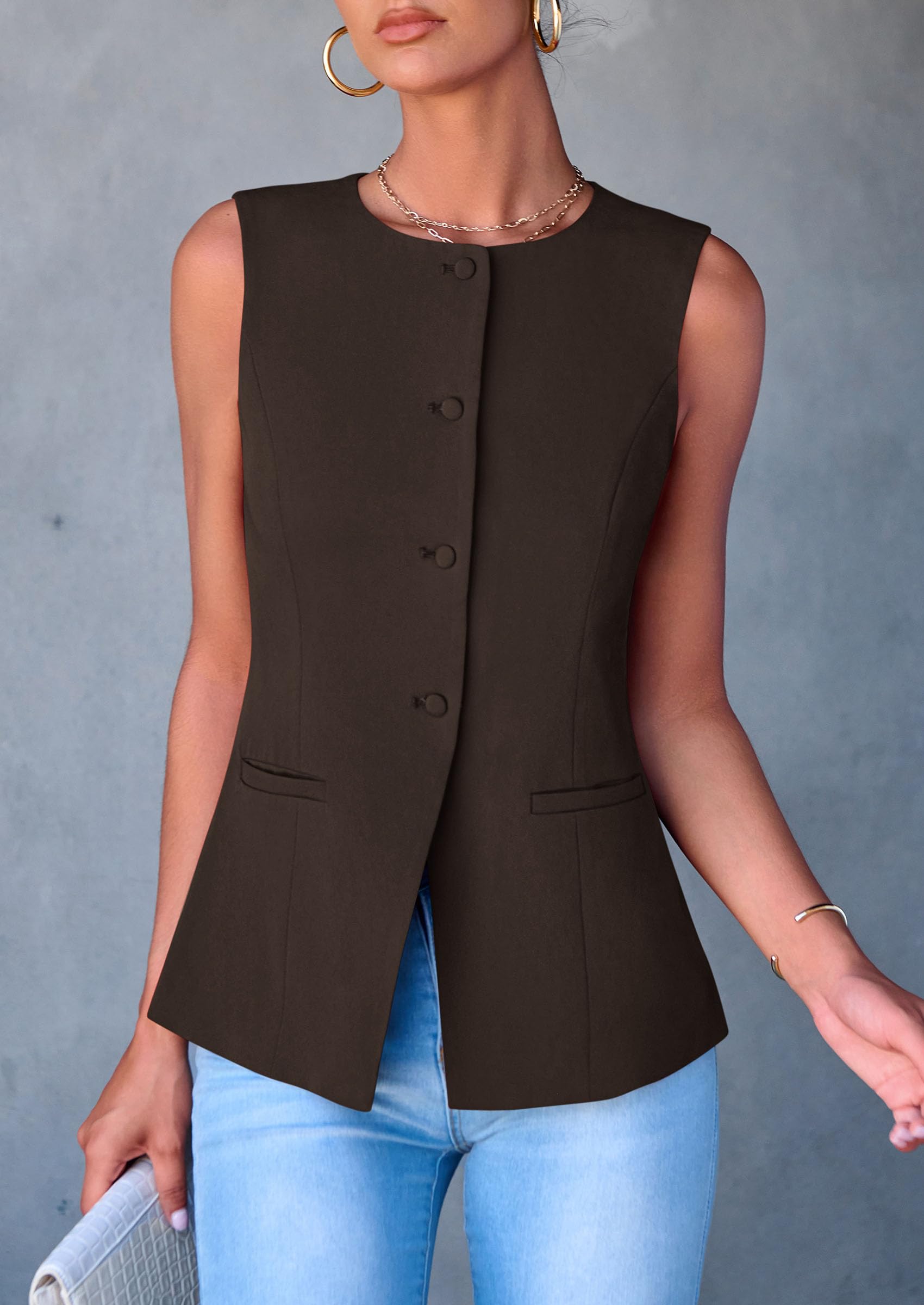 Women Tailored Suit Vest Business Casual Tops, Dark Coffee,S