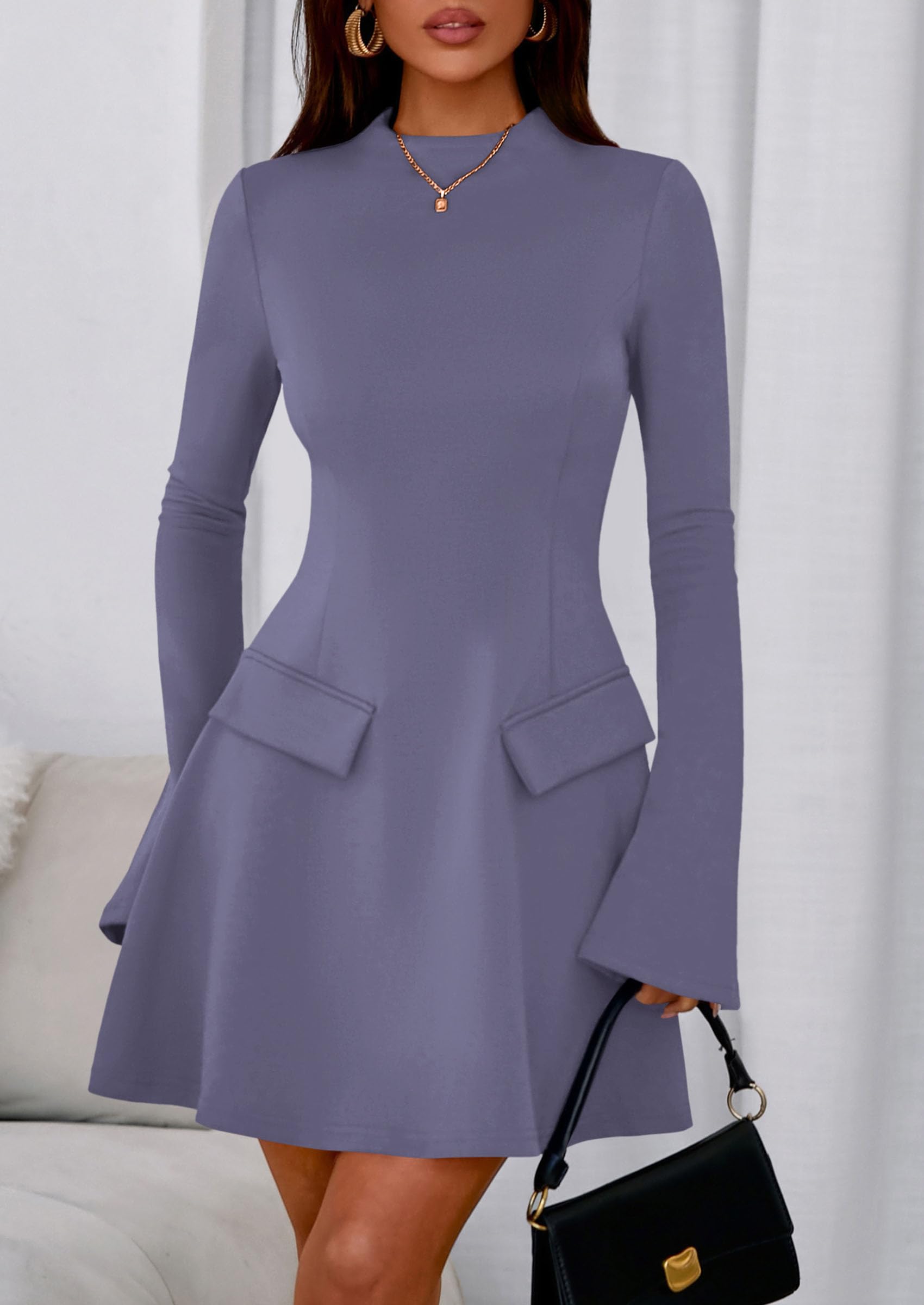 Women's Fall Bell Sleeve Short Dress,Grey Blue,XS