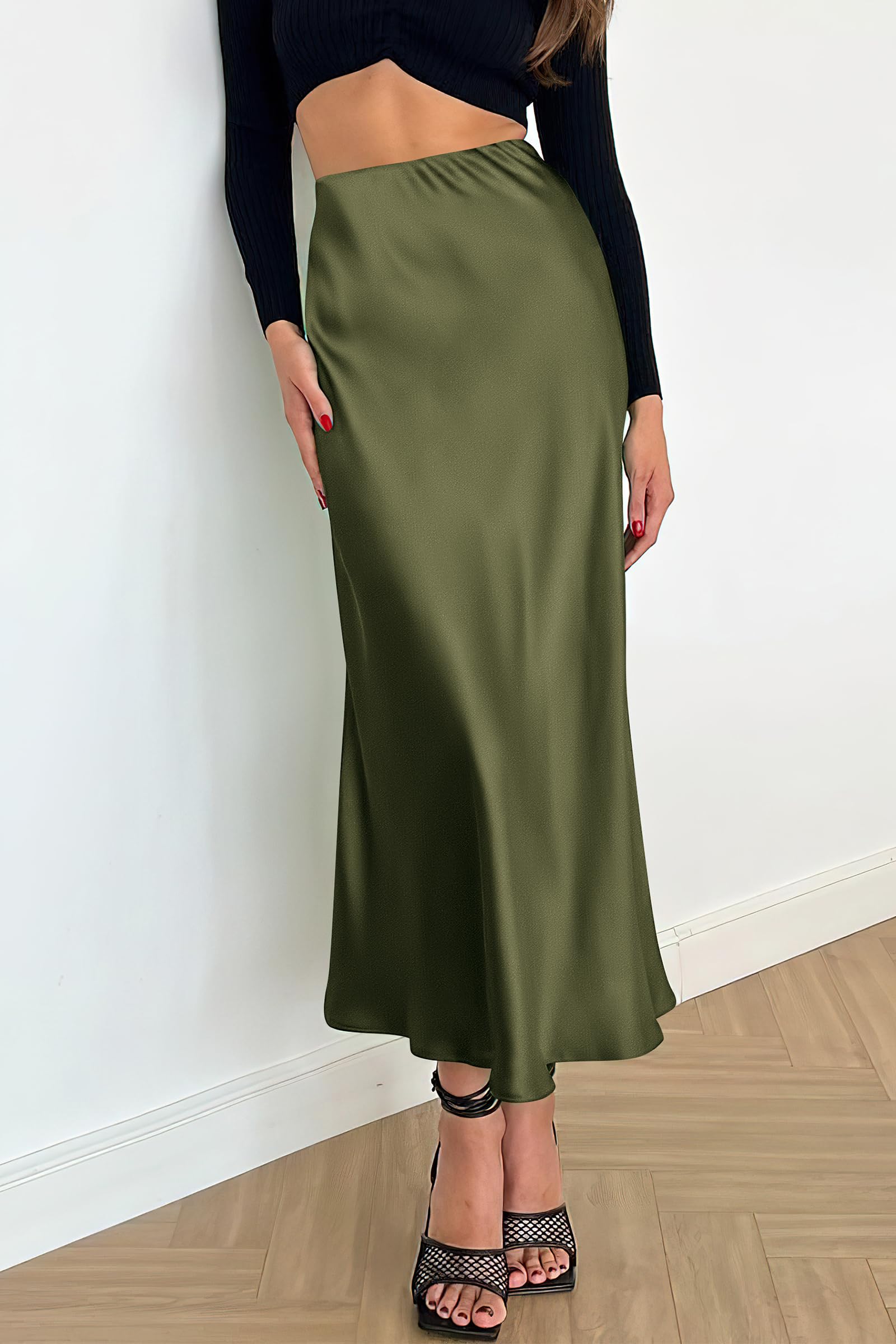 Women's Satin Midi Skirts Dressy Casual,Light Army Green,S