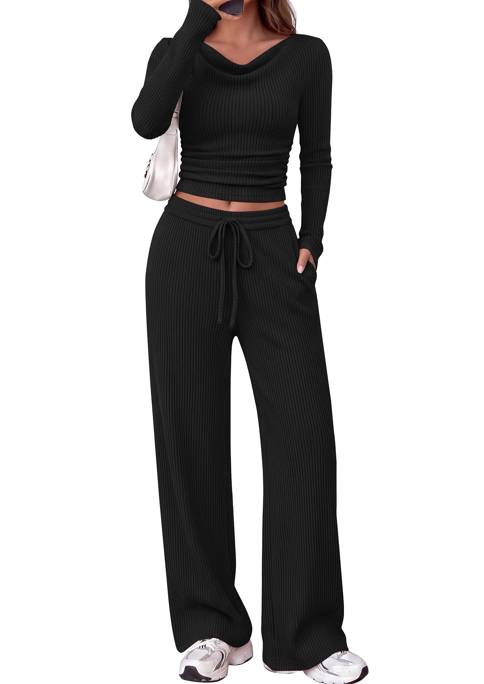 Matching Sets Women Clothing Fall Ribbed 2 Piece Lounge Set