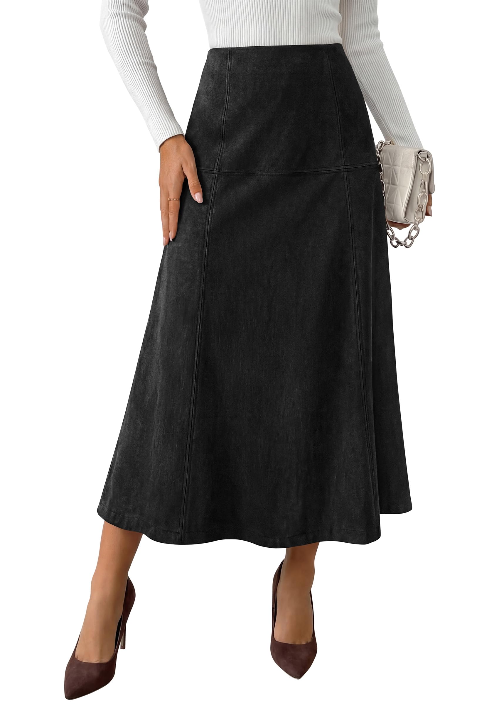 Womens High Waist Faux Suede A Line Midi Skirt,Black,S
