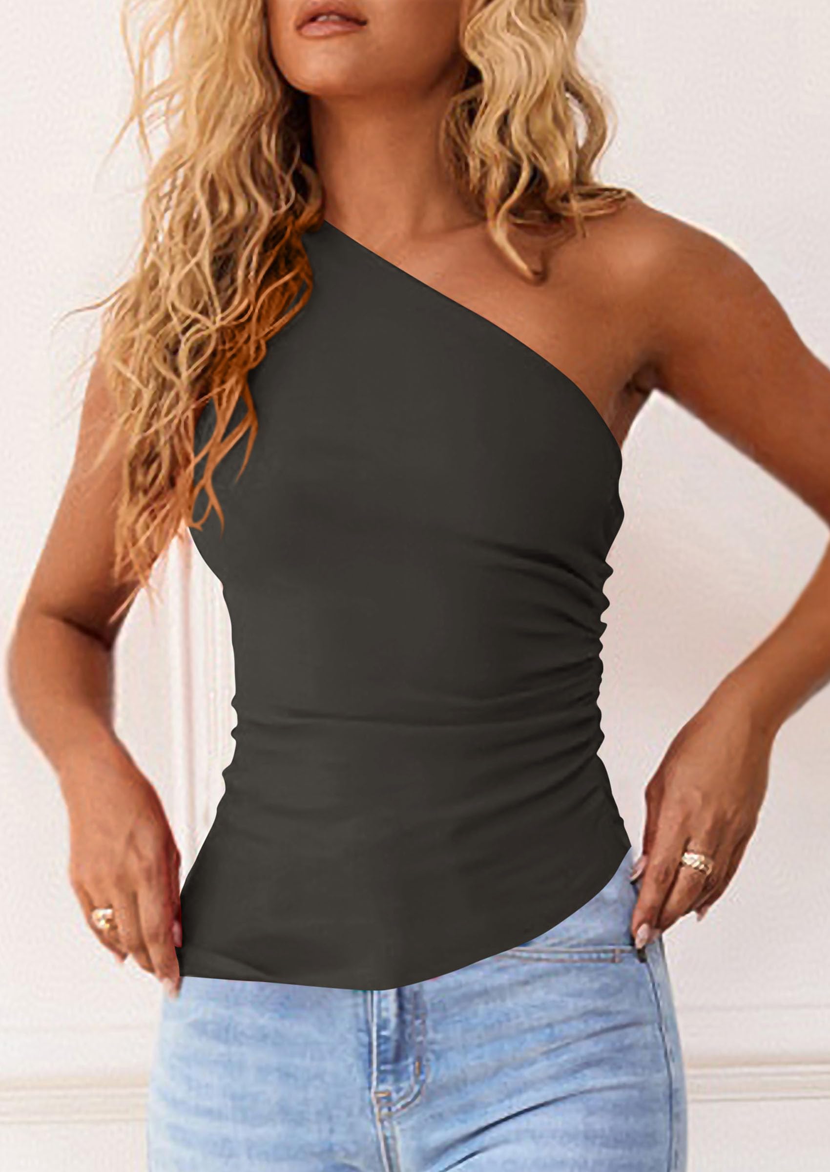 One Shoulder Summer Tops for Women,Dark Grey,XS