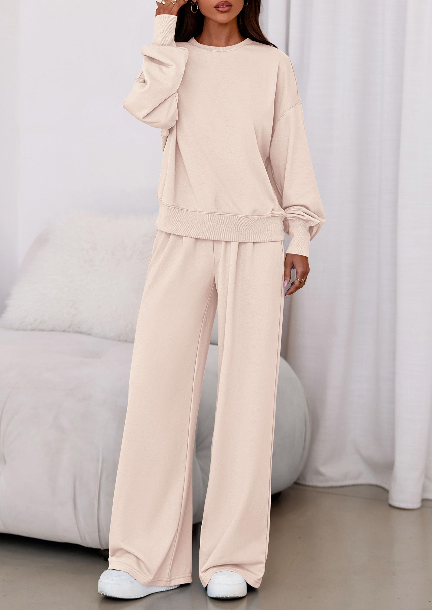 Womens Loose Fit Casual 2 Piece Lounge Set,Beige,S