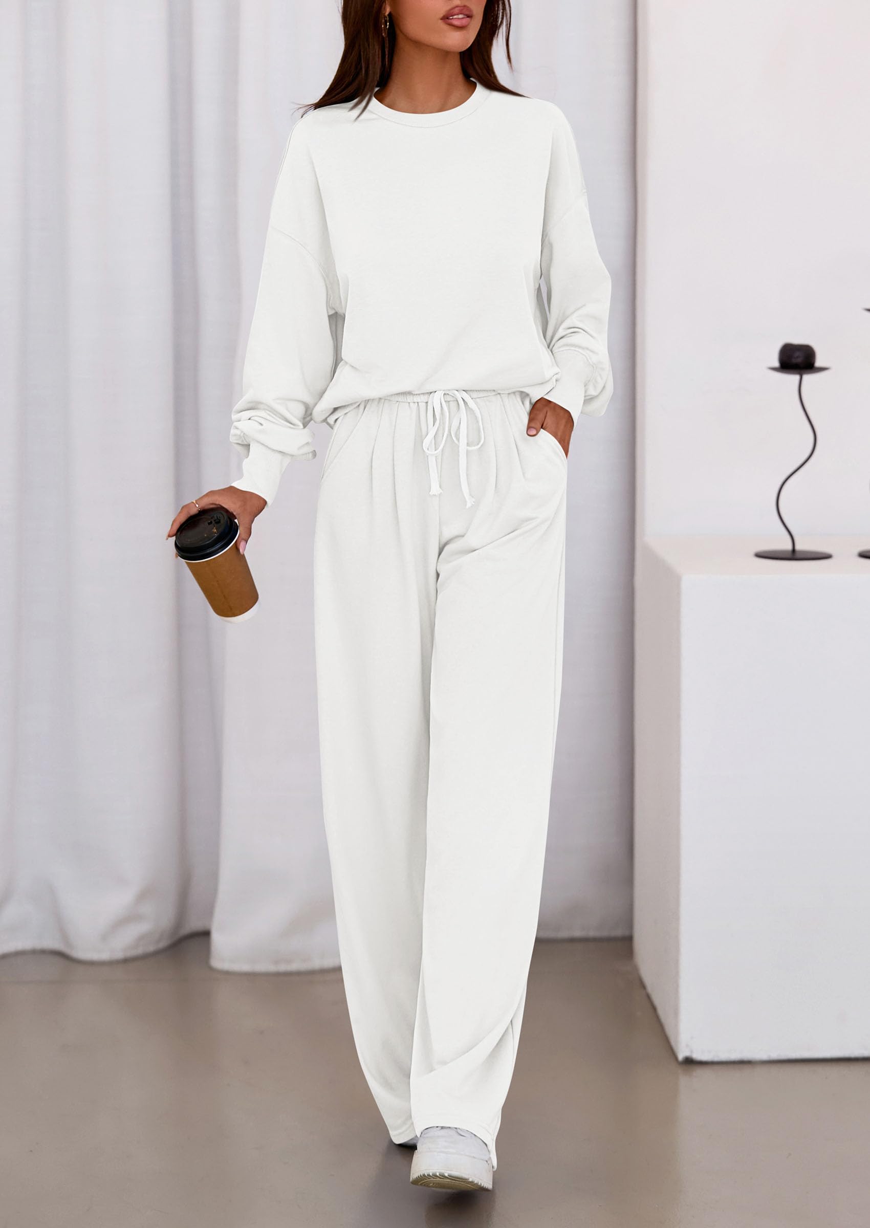 Womens Loose Fit Casual 2 Piece Lounge Set,White,M