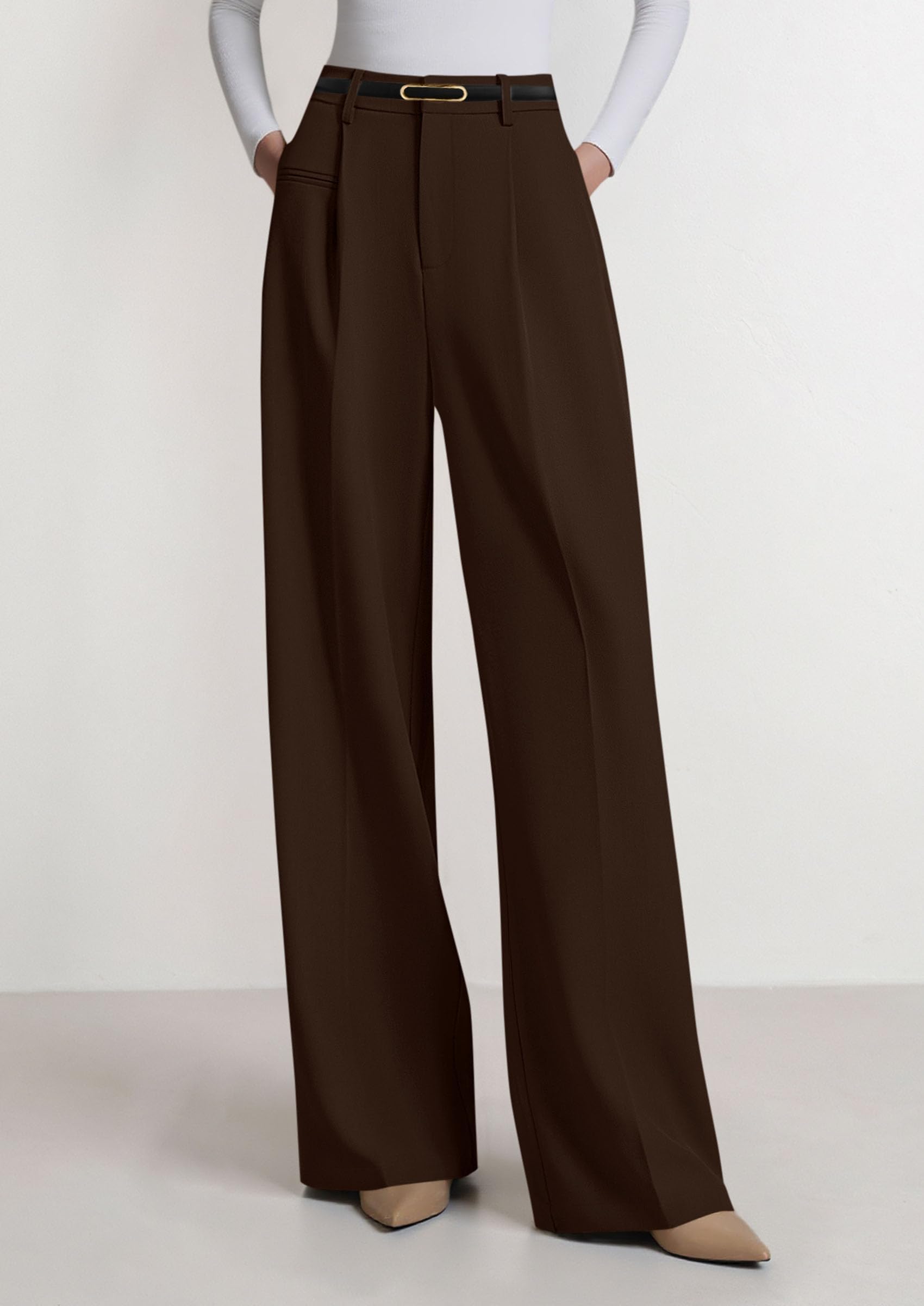 Women's Tailored Wide Leg Work Dress Pants,Dark Brown,XS