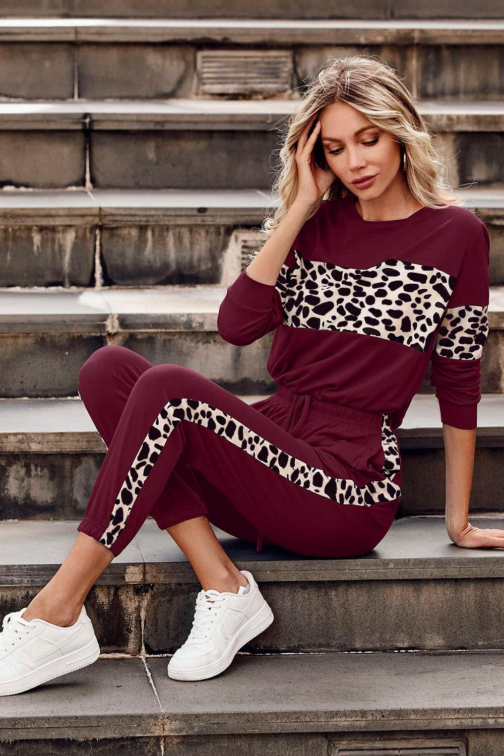 Women Color Block 2 Piece Sets Tracksuit,Leopard Wine Red,S