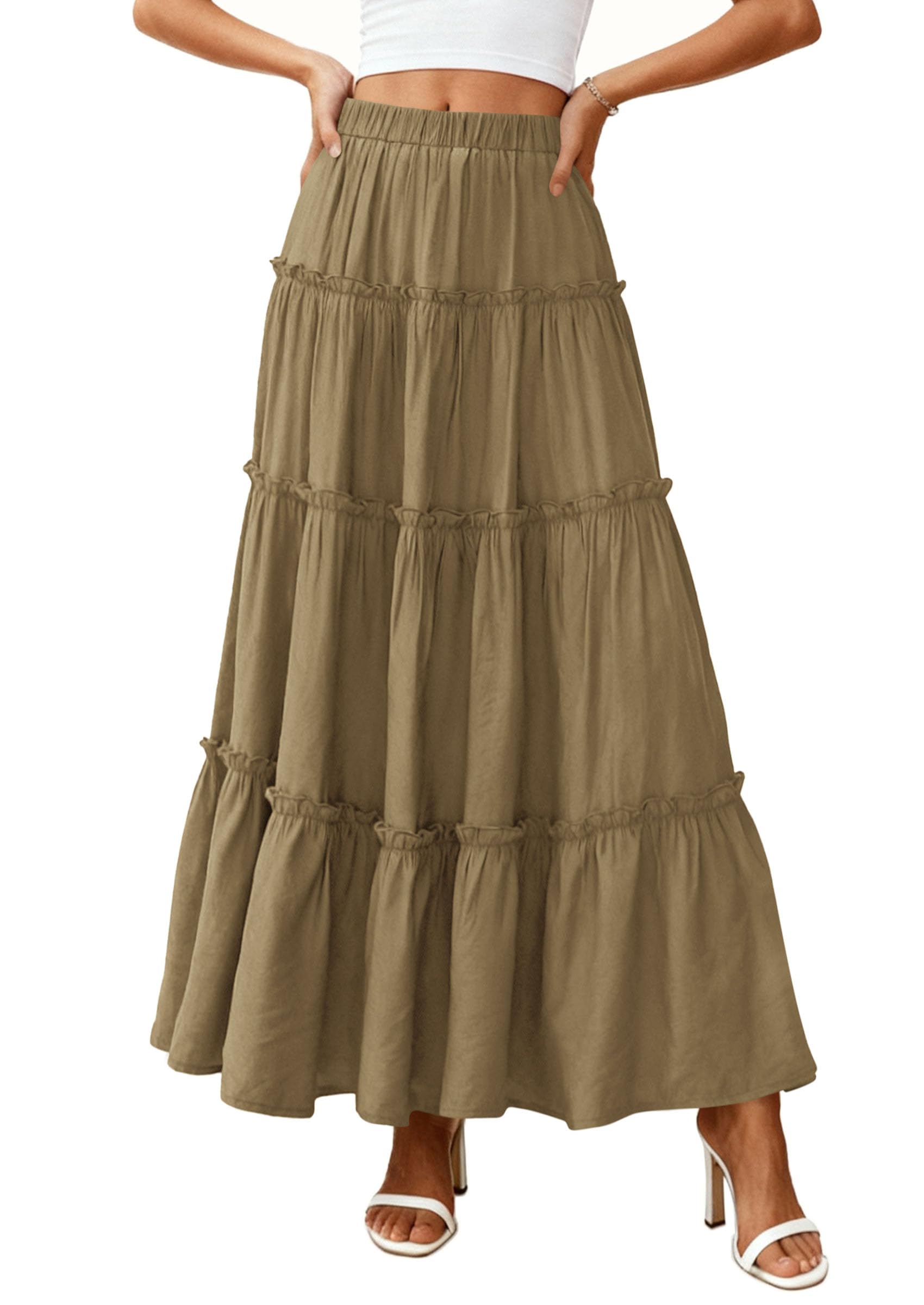Women's Boho Tiered Ruffle Flowy Maxi Skirt, Army Green,S