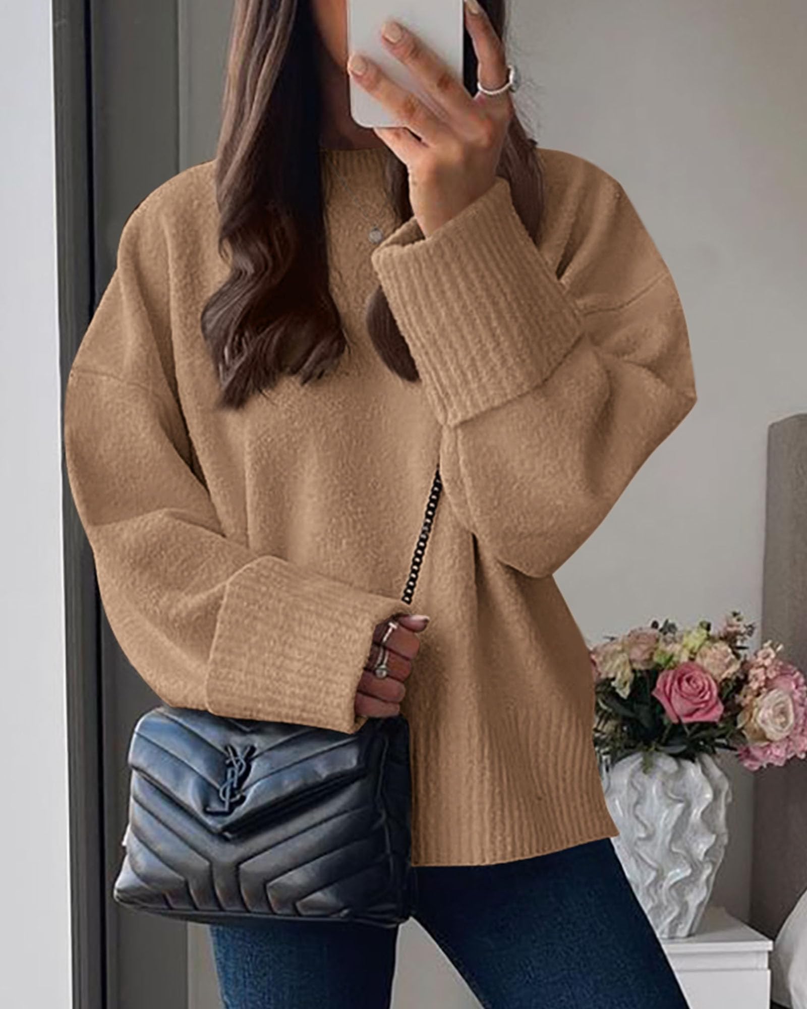Women's Fall Fashion Cozy Oversized Sweaters(Khaki,XS)