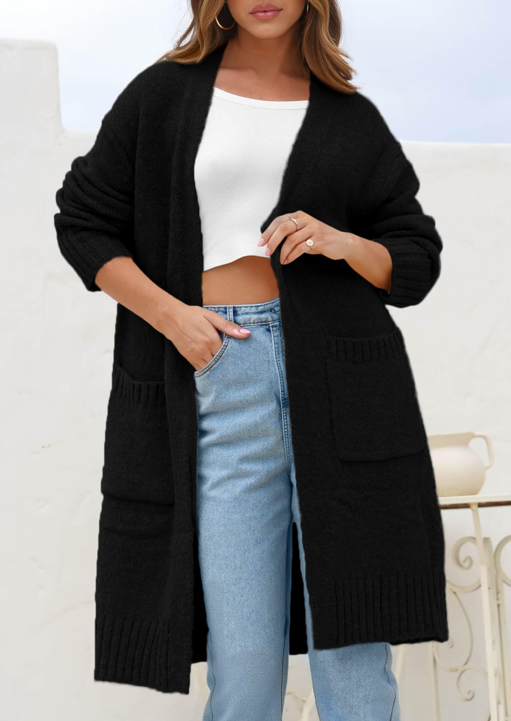 Open Front Cardigan Sweaters for Women,Black,S
