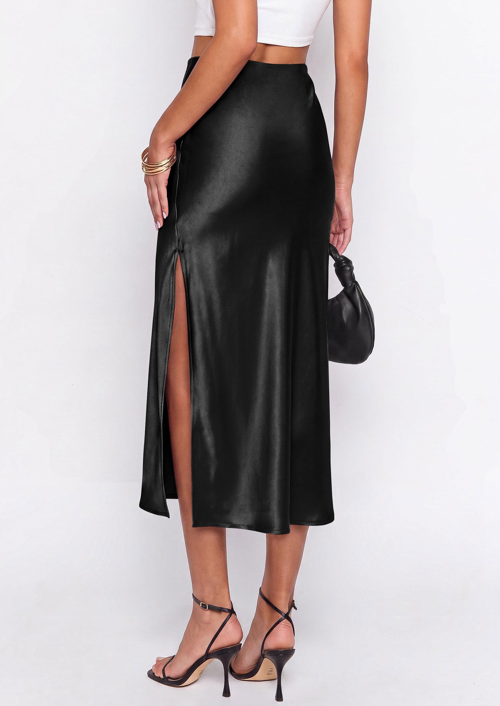 Womens Satin Skirt Silk Slip Midi Work Skirts, Black, S