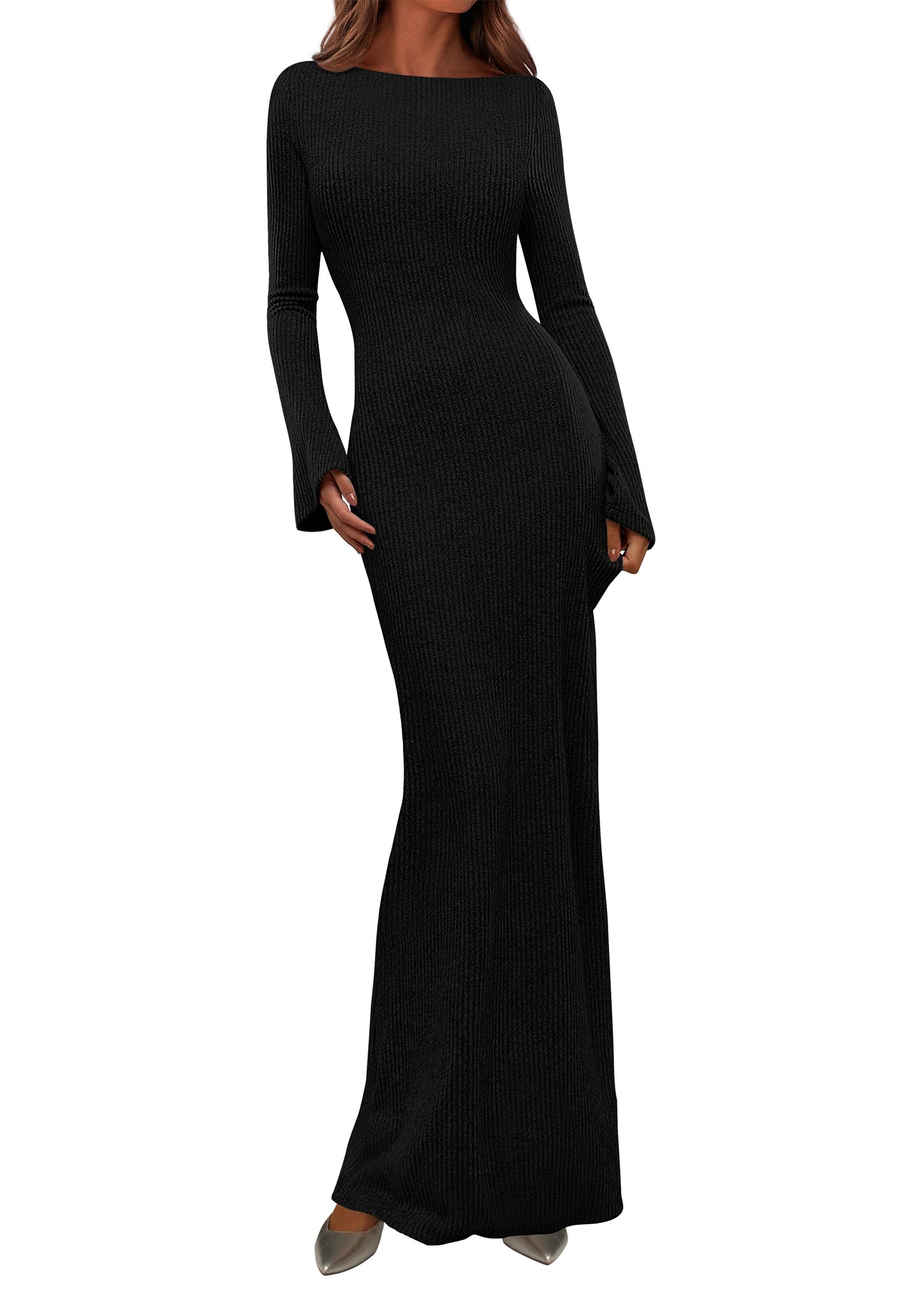 Women's Fall Long Sleeve Bodycon Maxi Dresses (Black,XS)