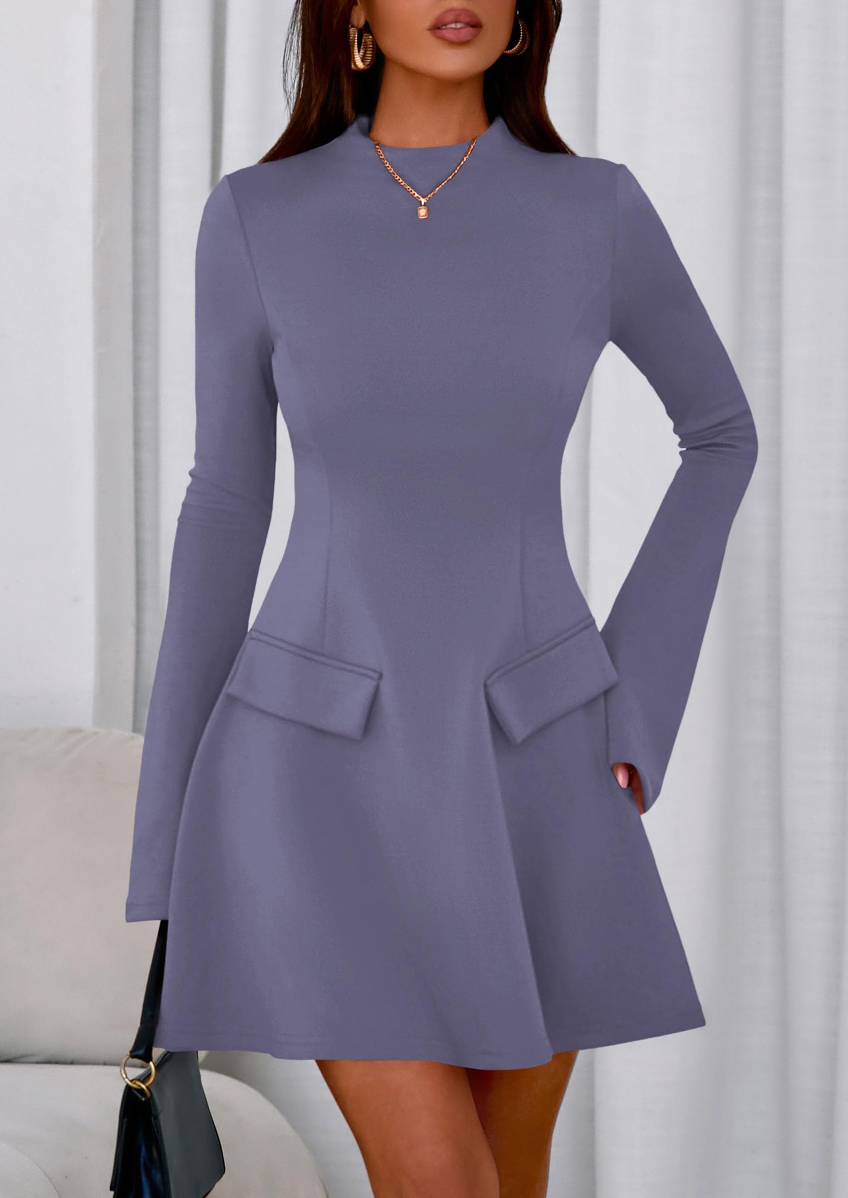 Women's Fall Bell Sleeve Short Dress,Grey Blue,XS