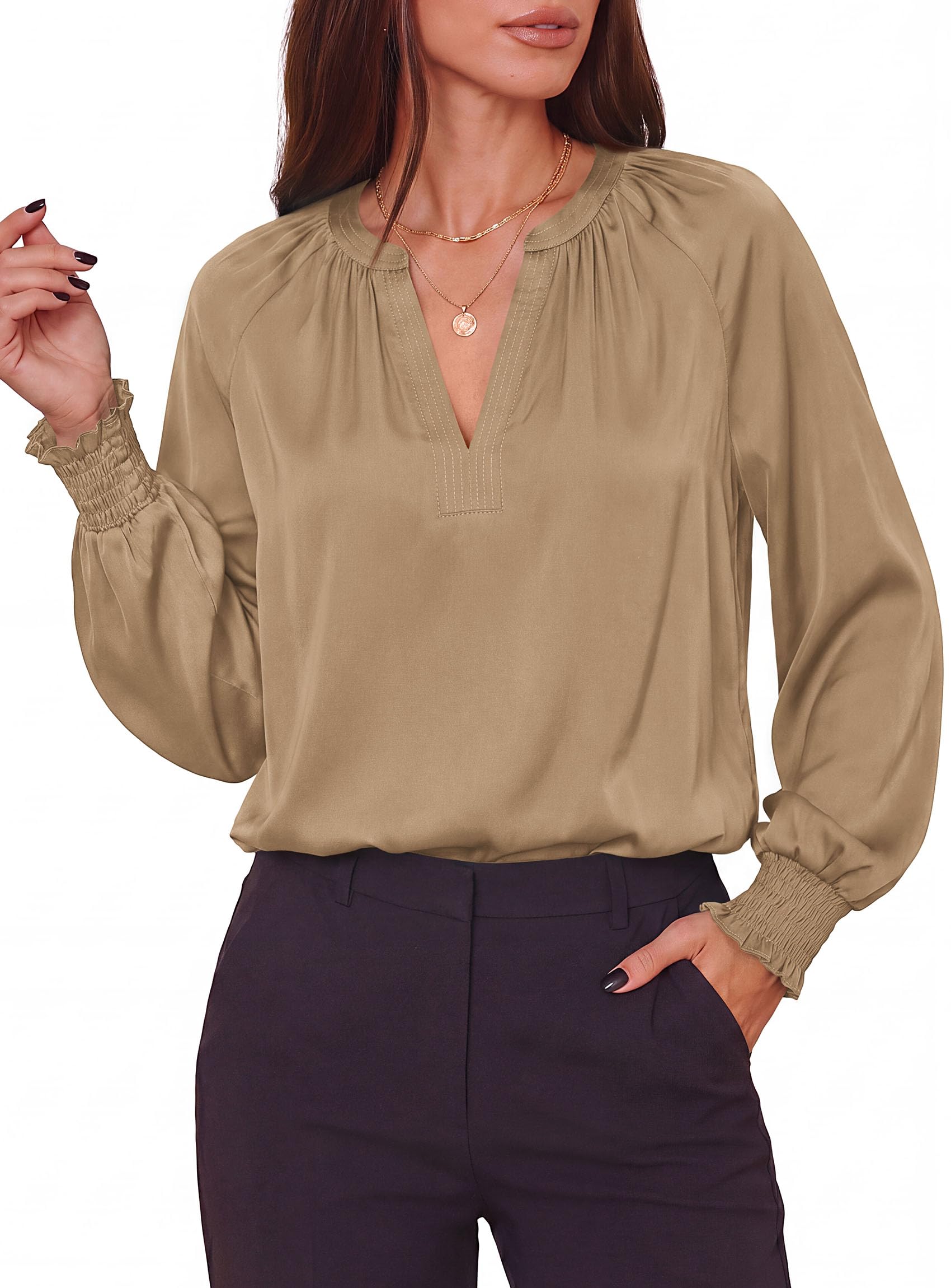 Women's Satin Blouses V Neck Long Sleeve Tops,Khaki,S