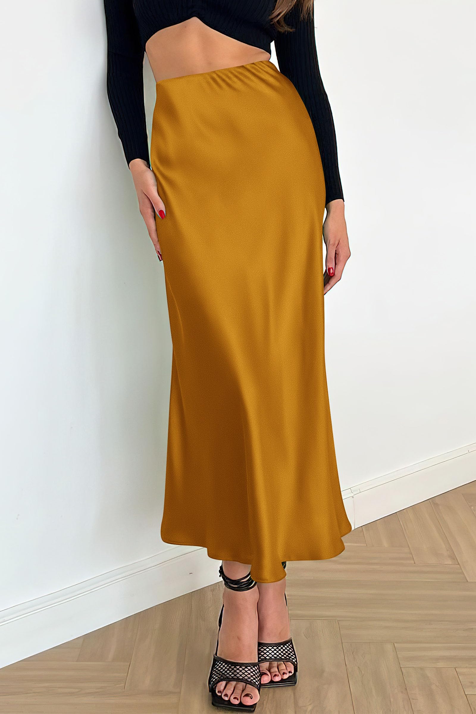 Women's Satin Midi Skirts Dressy Casual,Brown Yellow,S