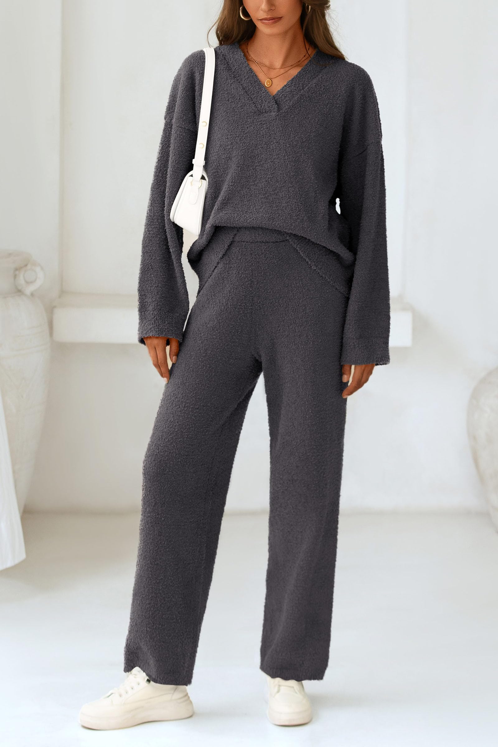 Lounge Sets for Women Fall 2 Piece Fuzzy Sweater Pajama Set