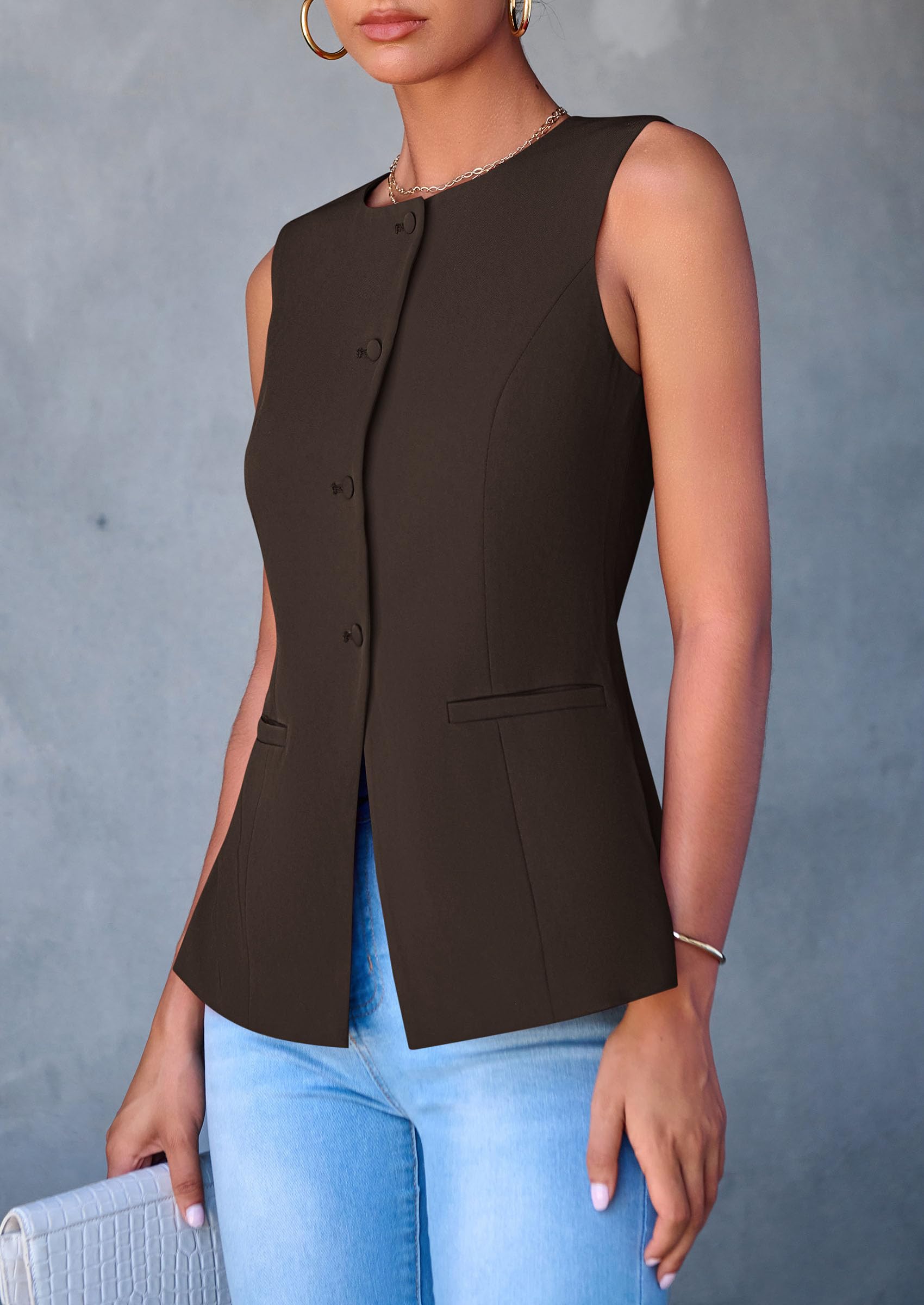 Women Tailored Suit Vest Business Casual Tops, Dark Coffee,S