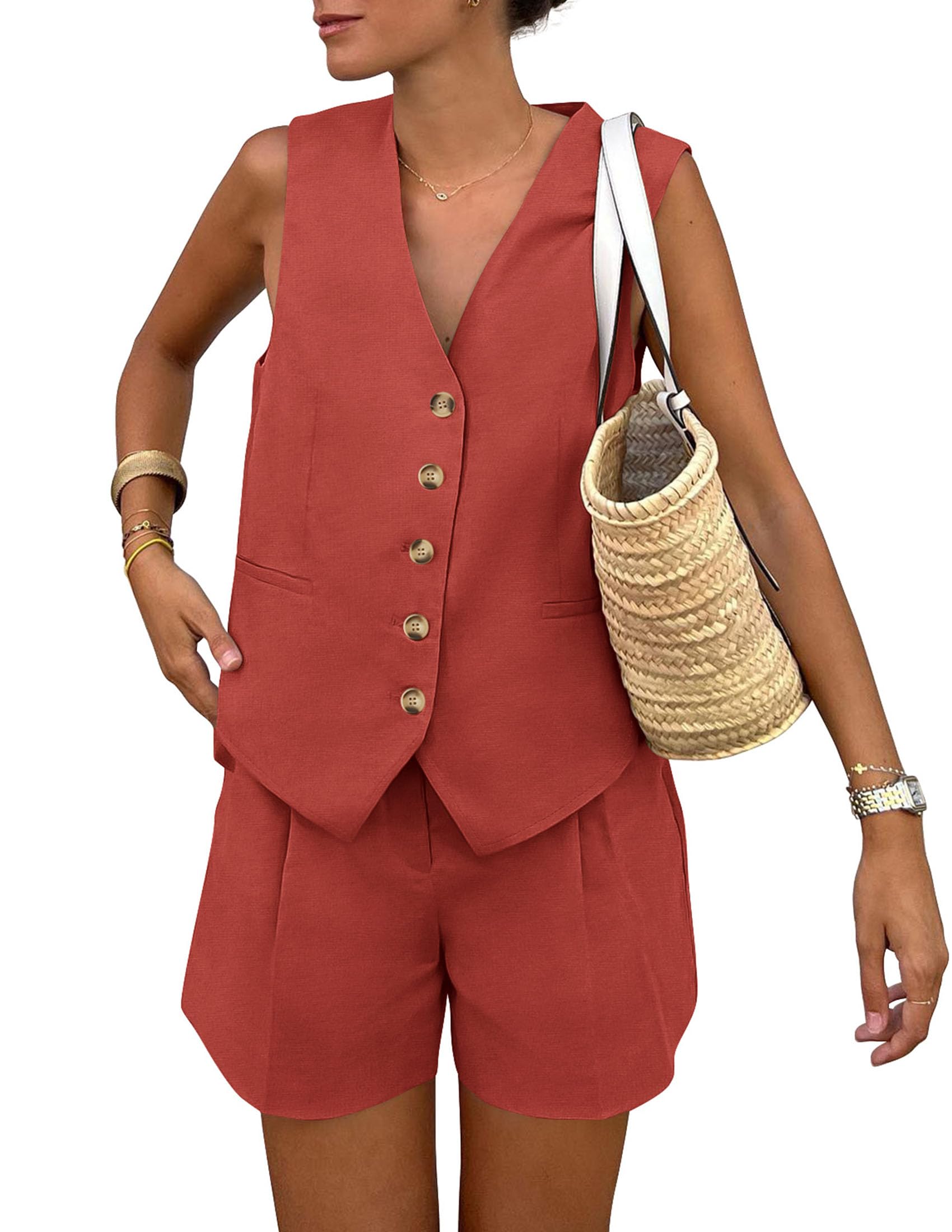 Women's Summer Two Piece Outfits Sets (Rust Red,X-Small)