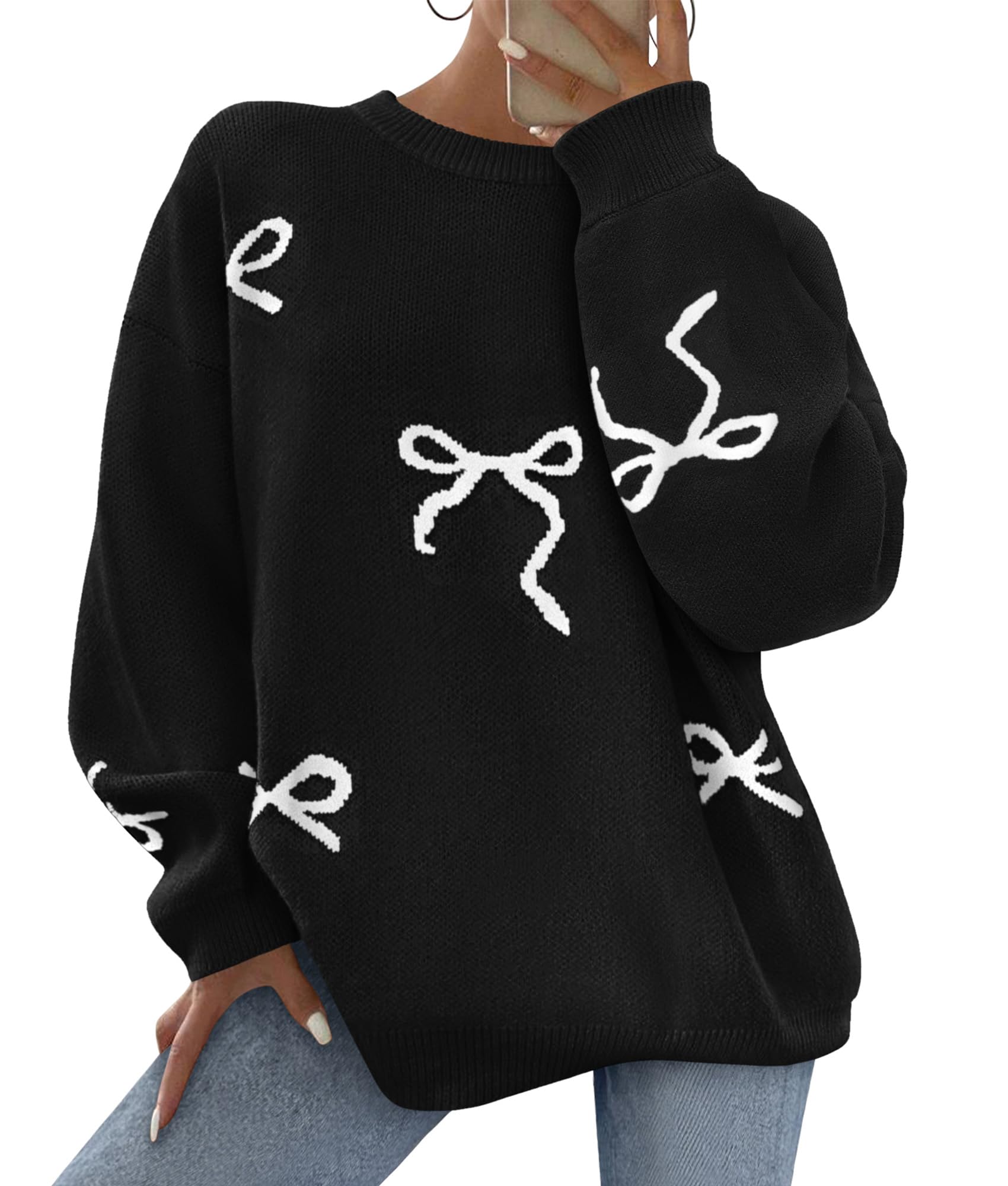 Fall Long Sleeve Pullover Sweaters for Women 2026 Trendy Crewneck Casual Cute Bow Chunky Knit Oversized Sweater (Black,Small)