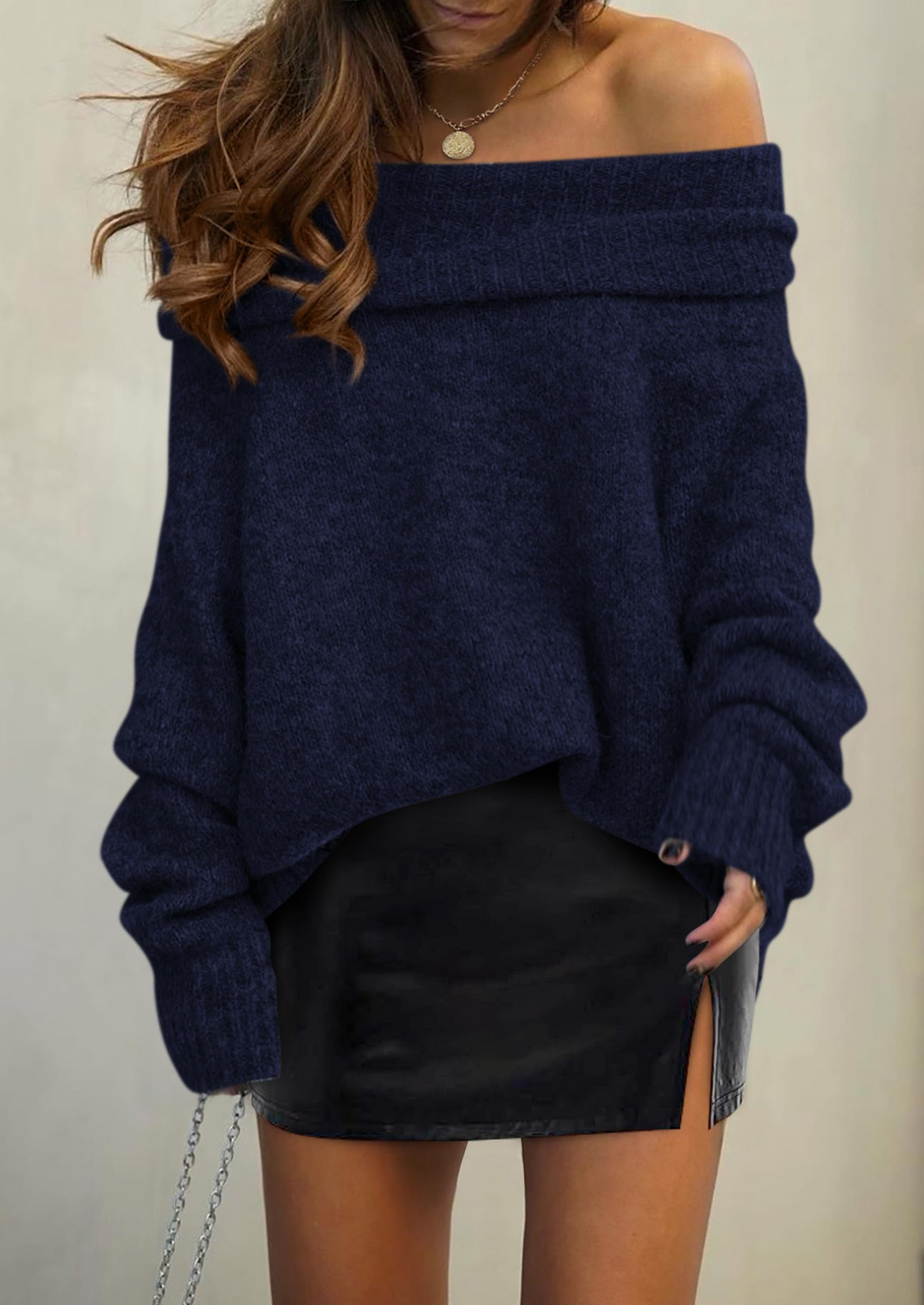 Women's Fall Off The Shoulder Sweater,Navy,M