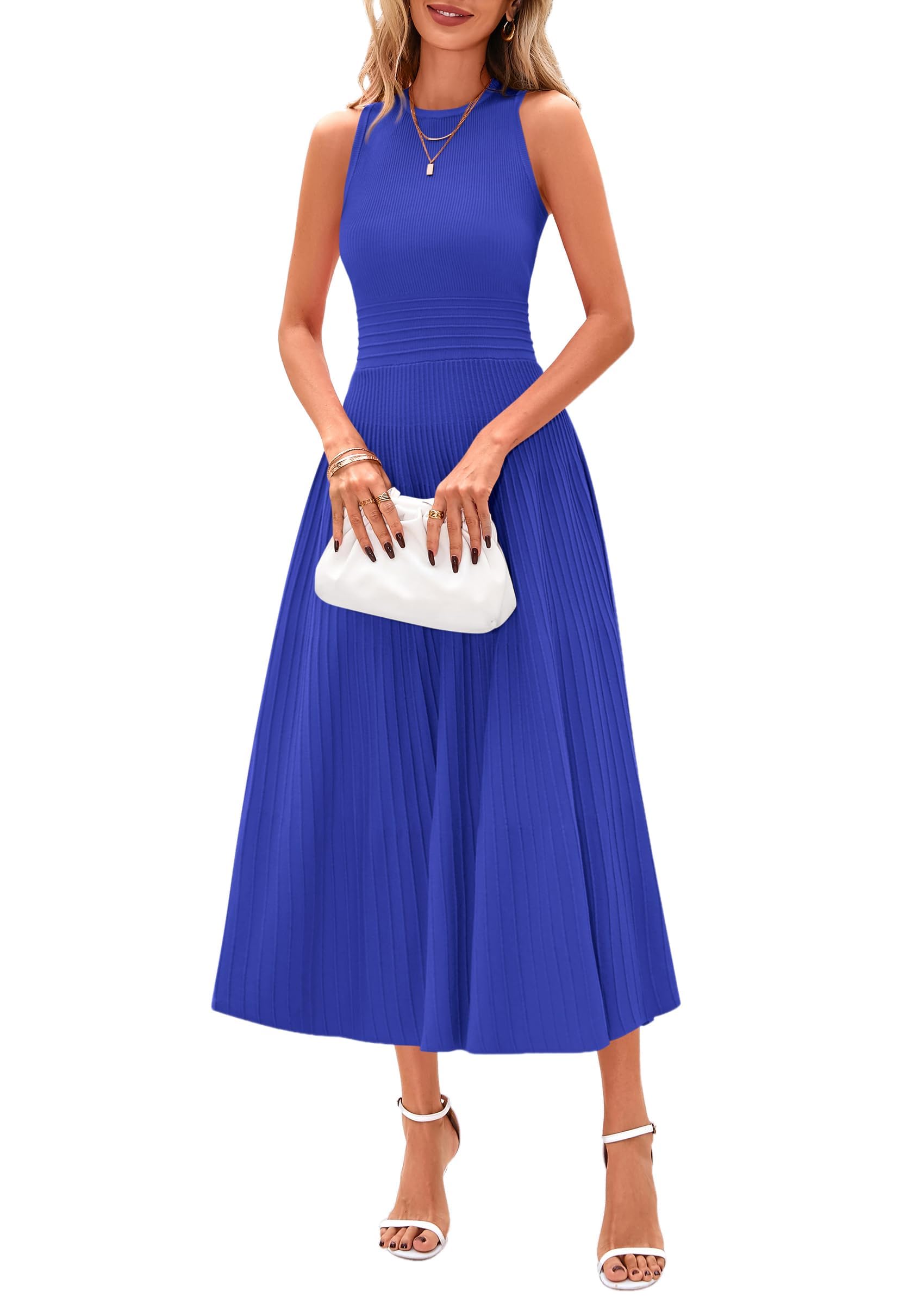 Women's Summer Pleated Midi Work Dress,Brilliant Blue,S