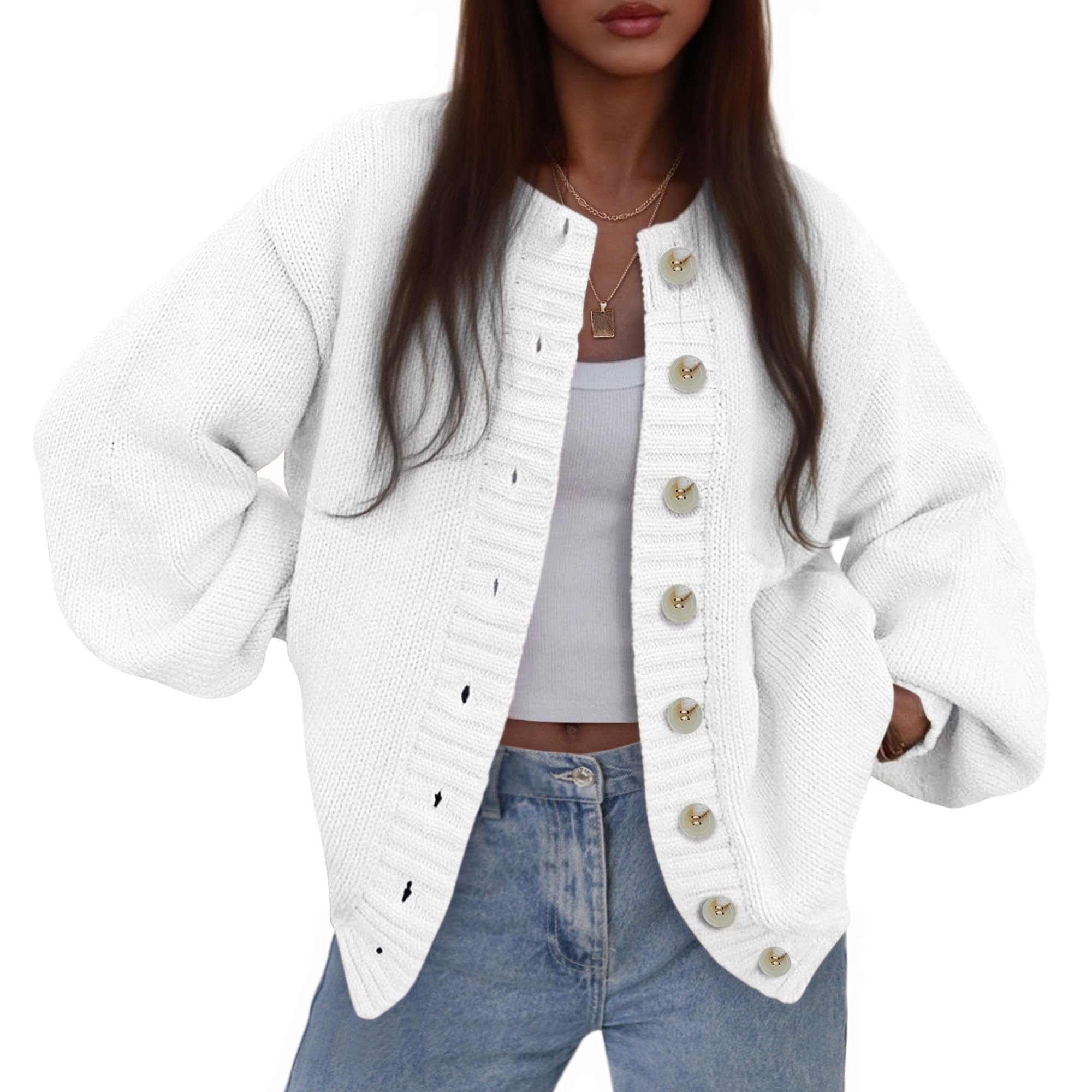 Women's Winter Chunky Cardigan Sweaters (White,Medium)