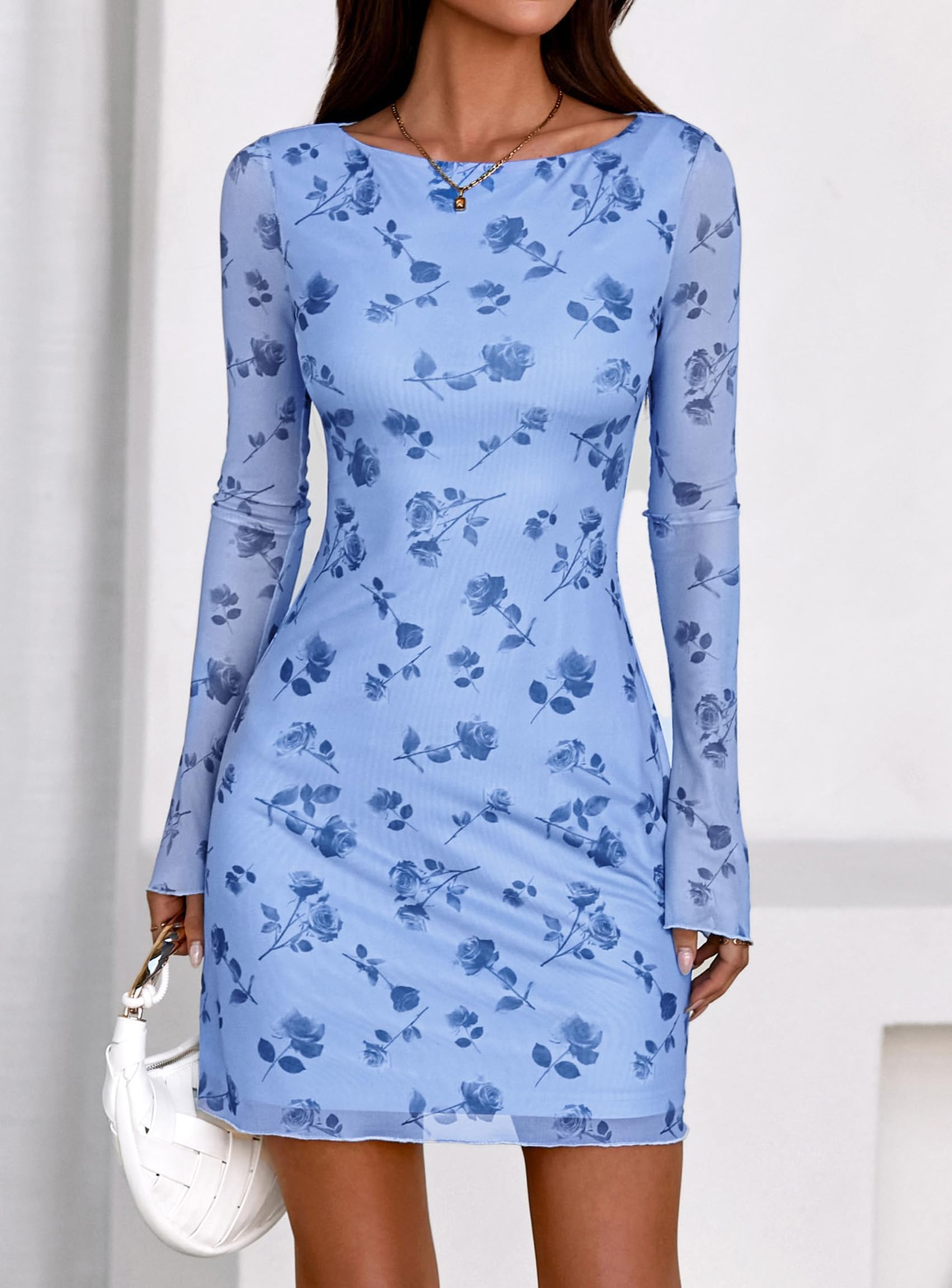 Women's Fall Floral Long Sleeve Mini Dress (Light Blue,M)